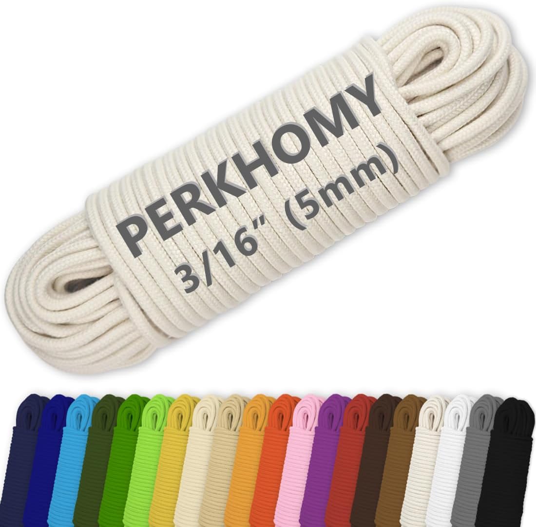 PerkHomy 100 ft 3/16" (5mm) Cotton Rope Multi Purpose Utility Diamond Braided Cord, Natural Cotton