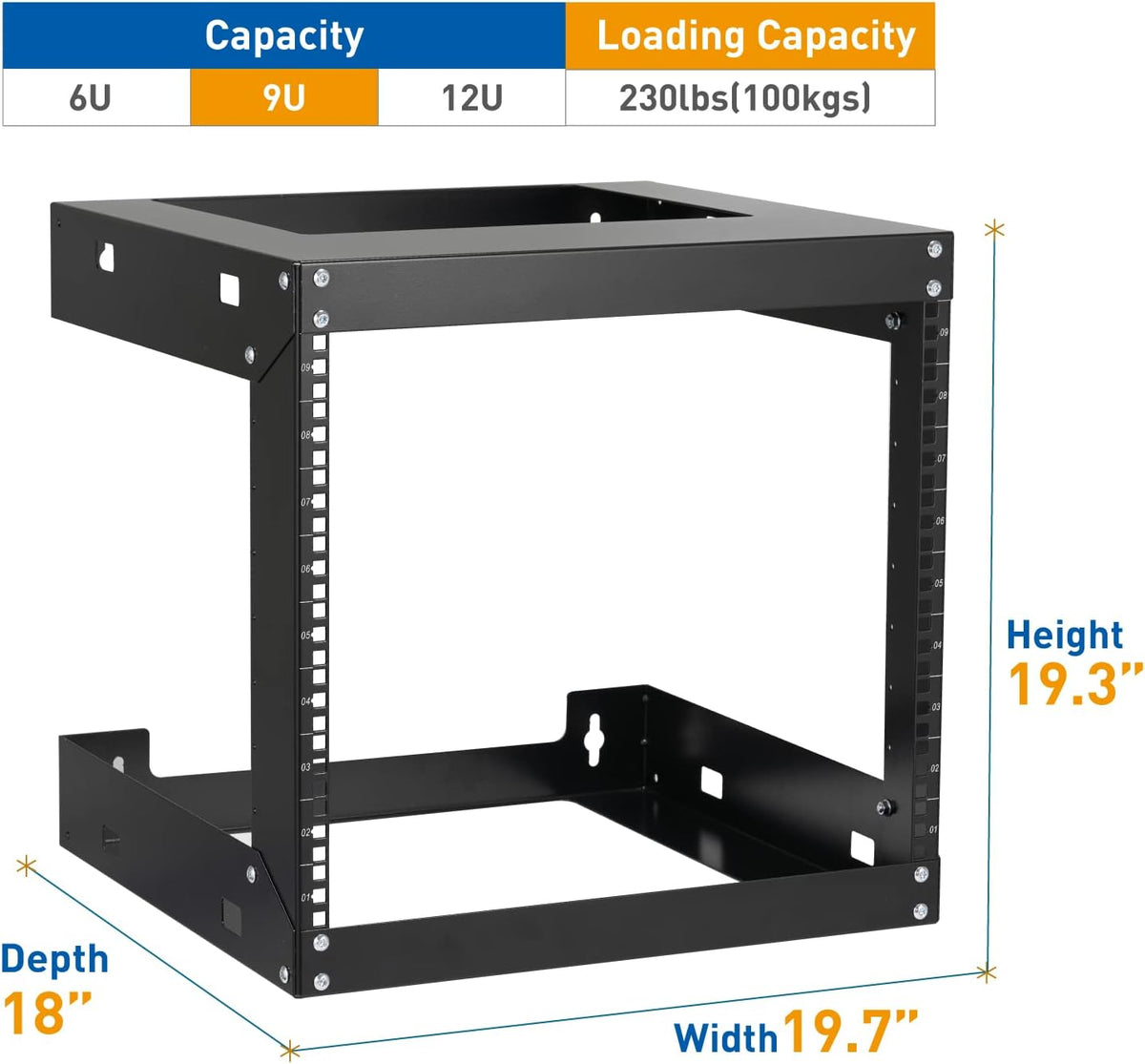 9U Wall Mount Rack Open Frame 19 Inch Server Equipment 2 Post Network Cabinet 18 inches Depth Black