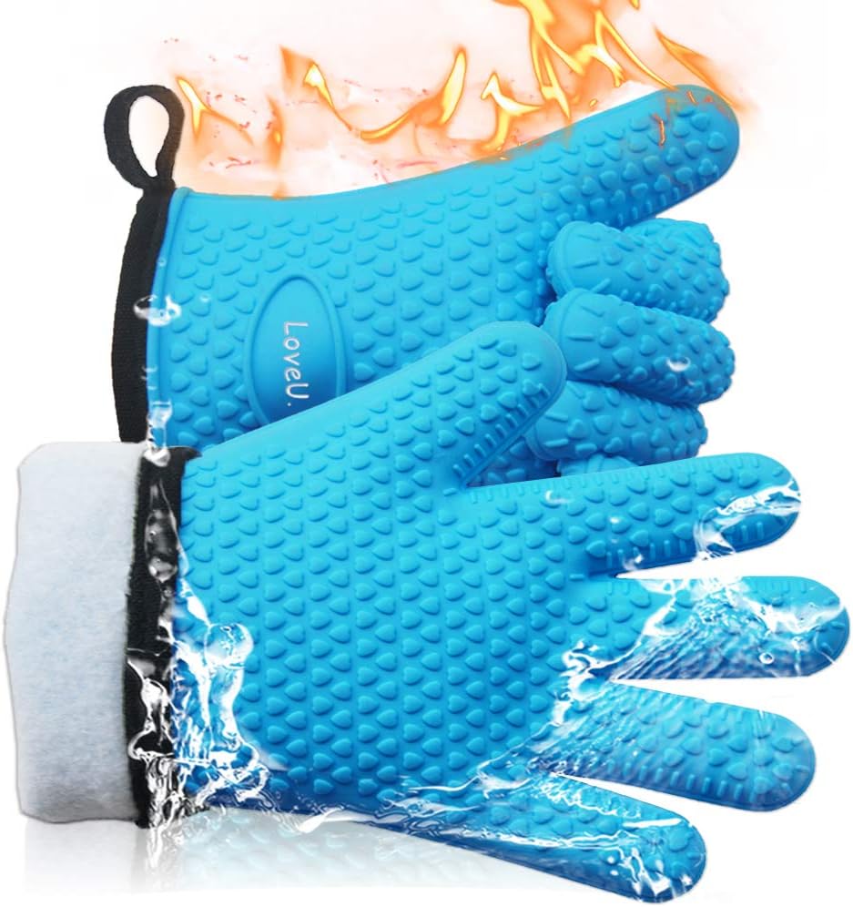 Kitchen Oven Gloves - Dual-Layer Heat Resistant Grilling Gloves, Silicone Oven Mitts with 5