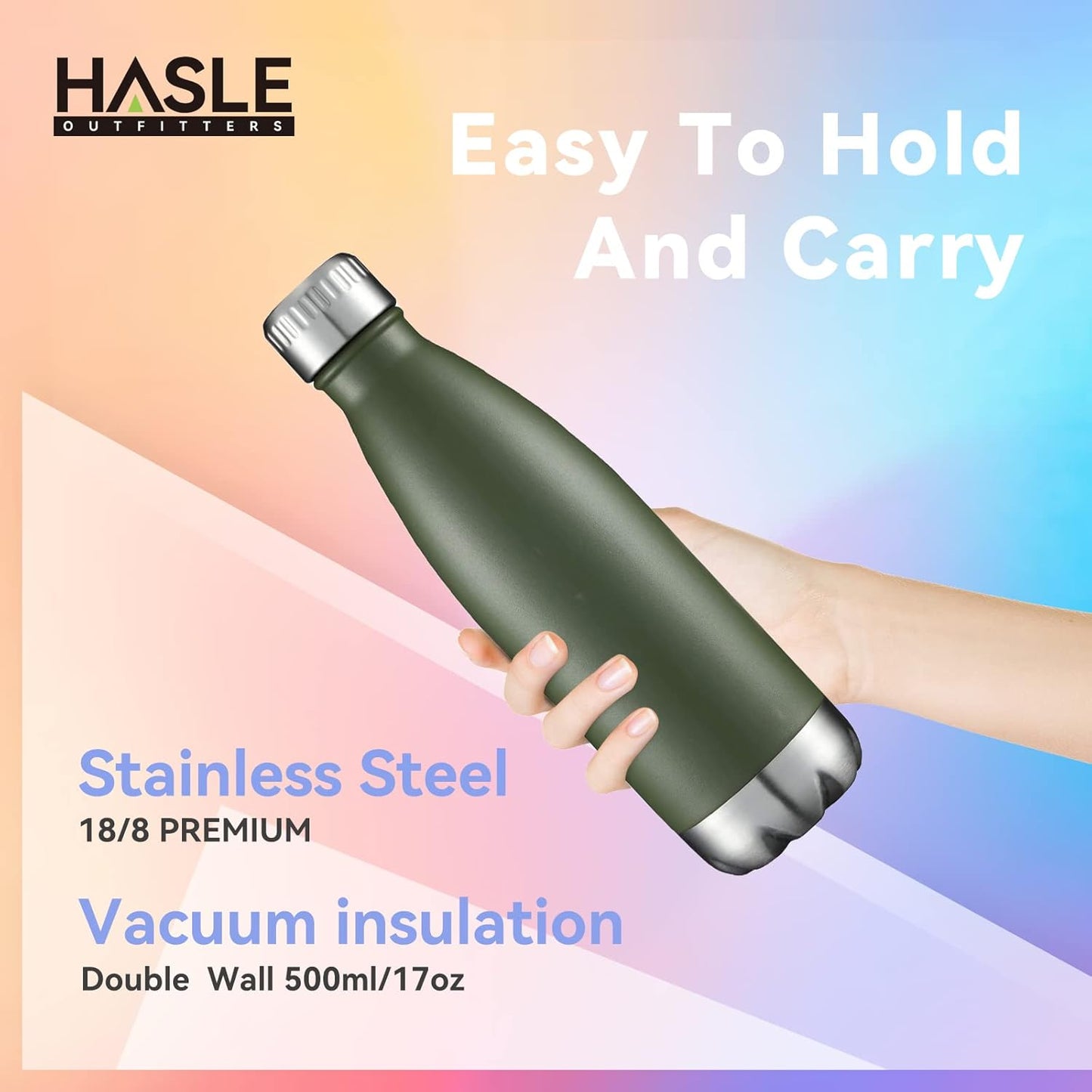 HASLE OUTFITTERS 17oz Stainless Steel Water Bottles, Vacuum Insulated Double Walled Powder Coated