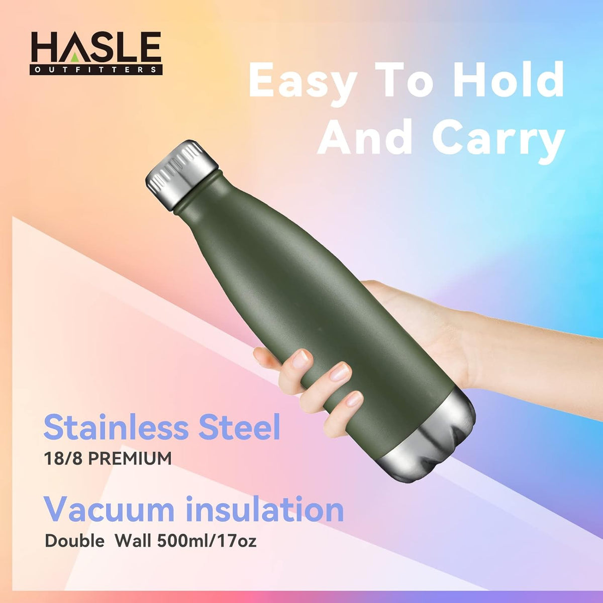 HASLE OUTFITTERS 17oz Stainless Steel Water Bottles, Vacuum Insulated Double Walled Powder Coated
