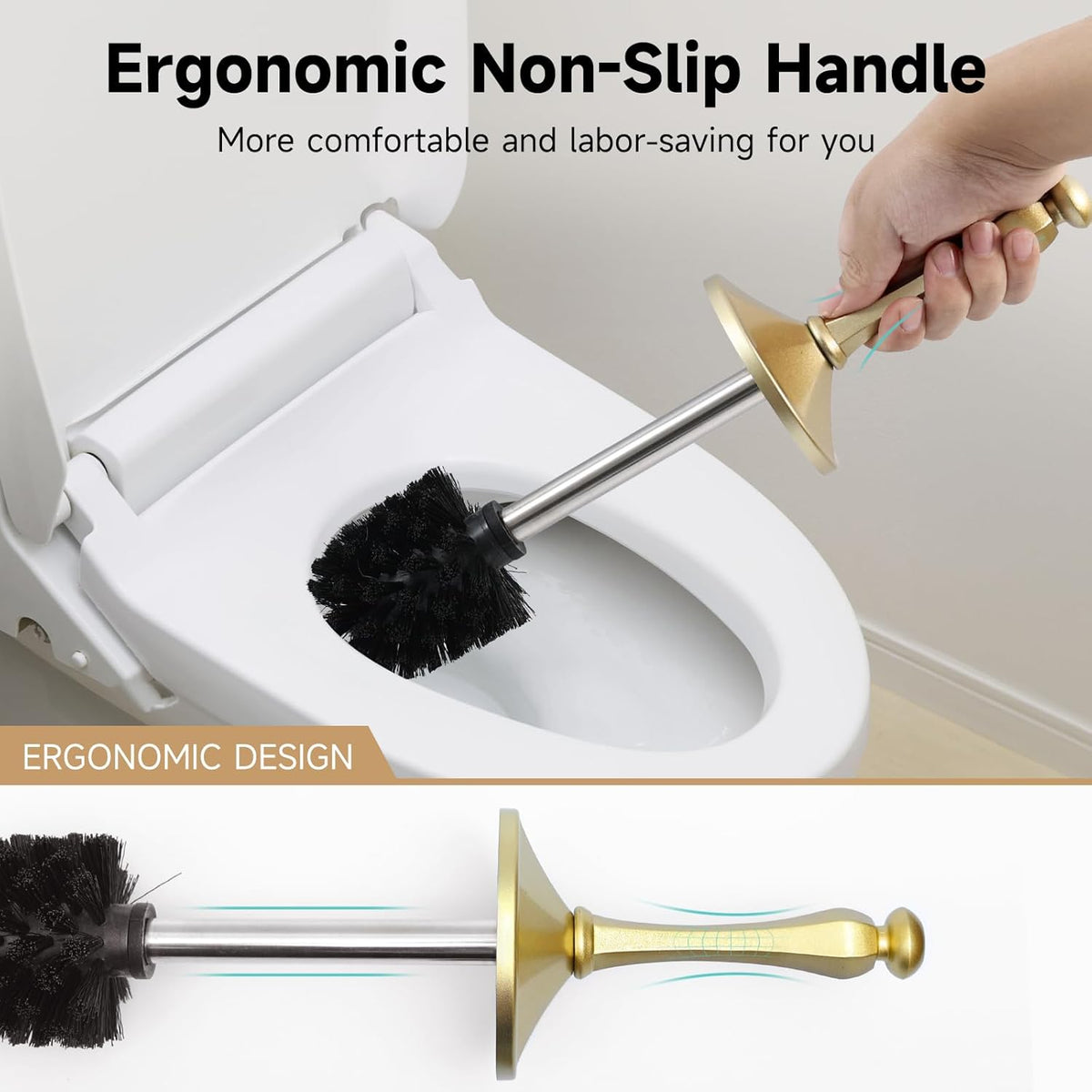 Gold Toilet Brush and Holder，Extra Long Handled Toilet Brush for Bathroom，Stainless Steel Heavy
