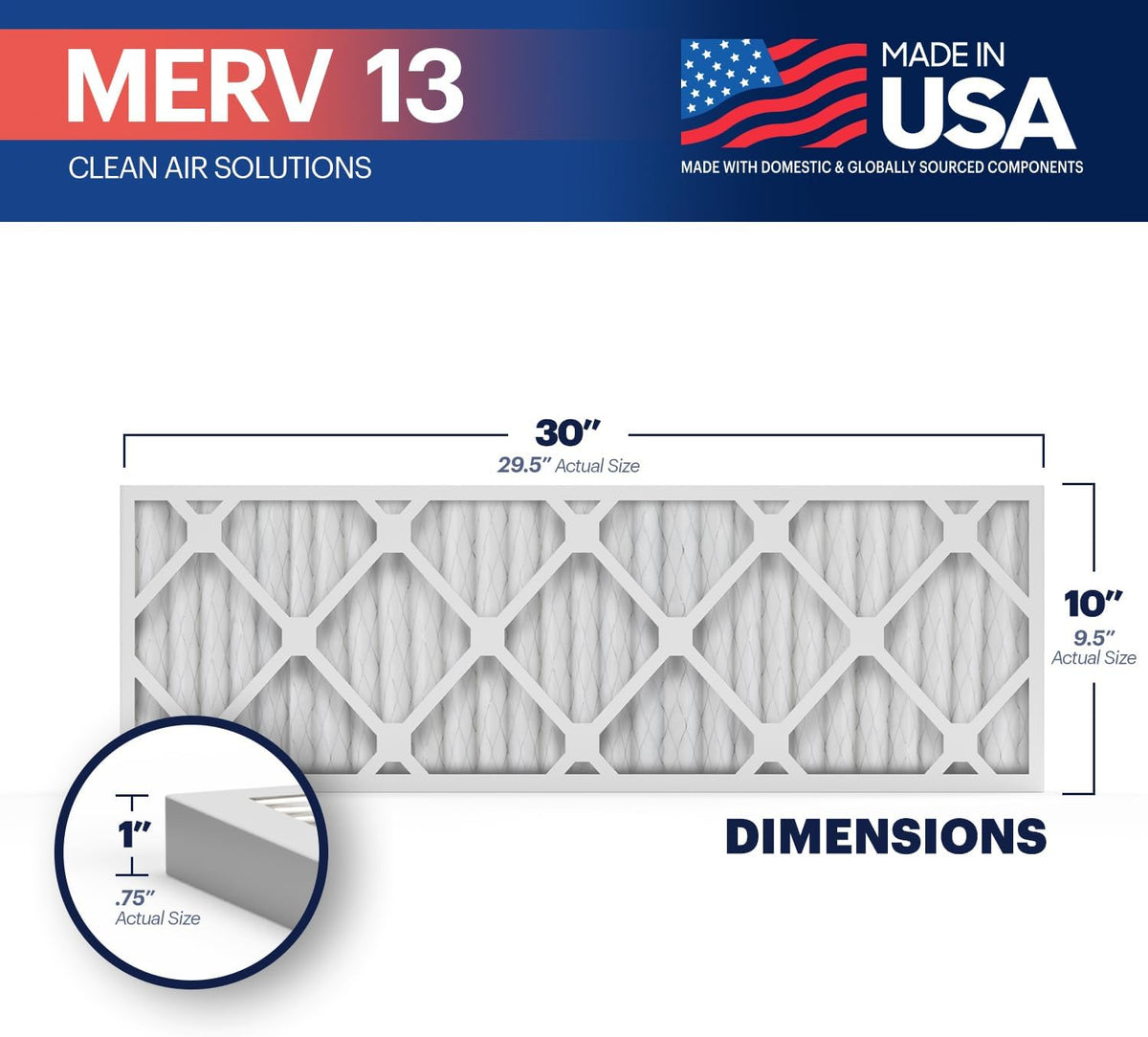 BNX TruFilter 10x30x1 Air Filter MERV 13 (4-Pack) - MADE IN USA - Electrostatic Pleated Air