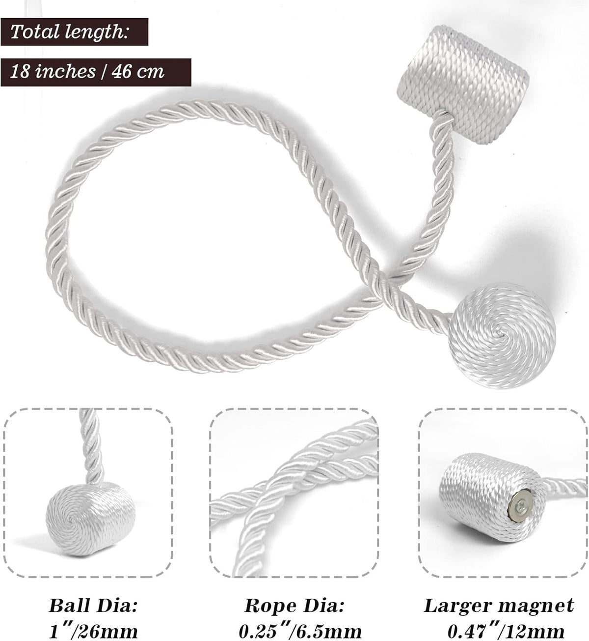 Hion Magnetic Curtain Tiebacks White 2pcs, Curtain Tiebacks Buckles Holdbacks Holders Hooks Clip