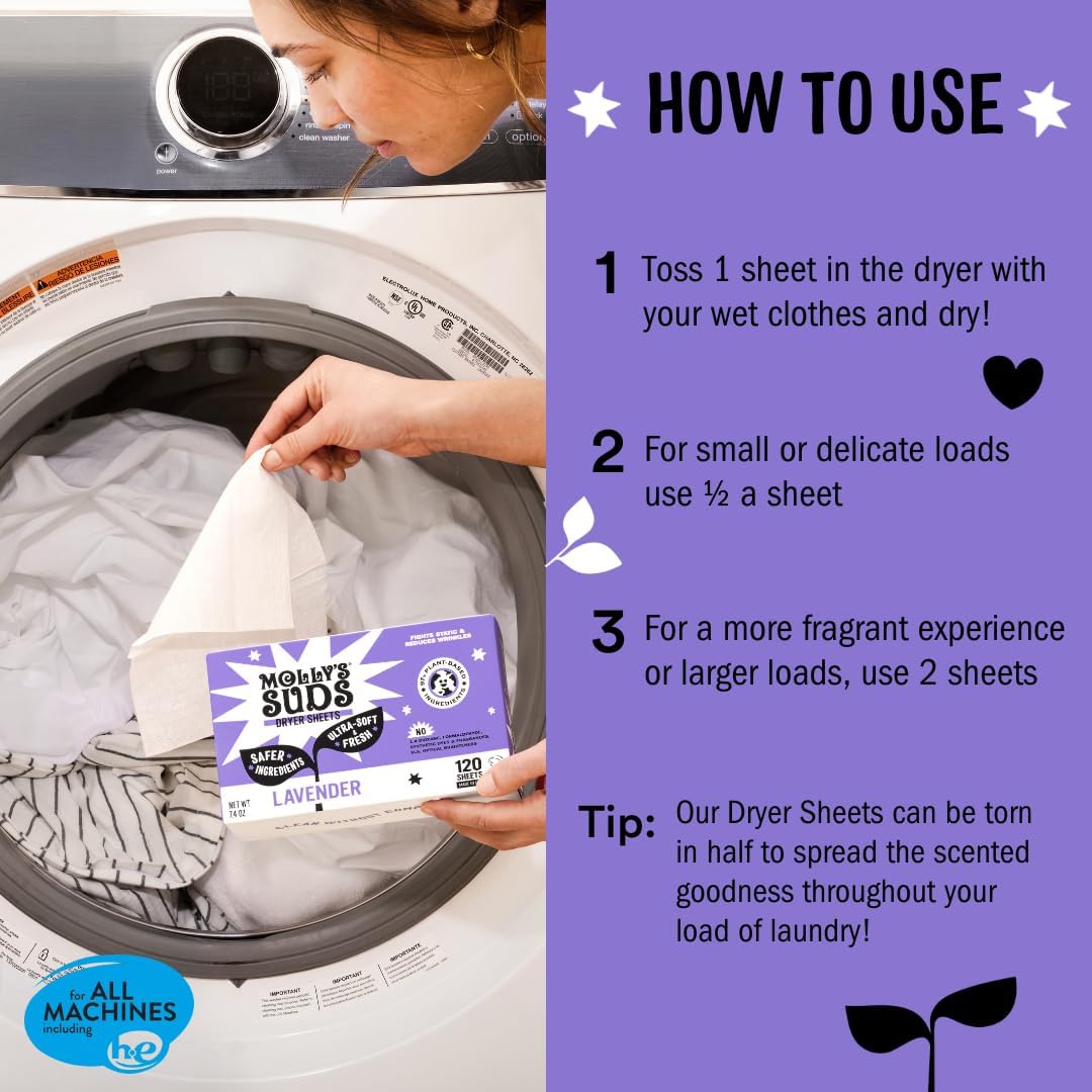 Molly's Suds Fabric Softener Dryer Sheets for Sensitive Skin | Plant-Based Static Reducer