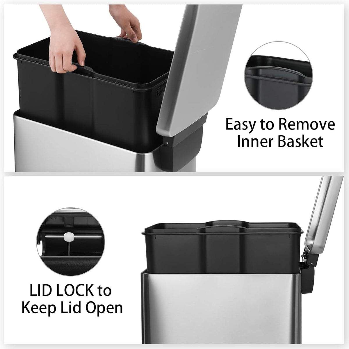 Arlopu 13.2 Gal Slim Kitchen Trash Can with Lid, 50L Stainless Steel Garbage Can, Large Kitchen