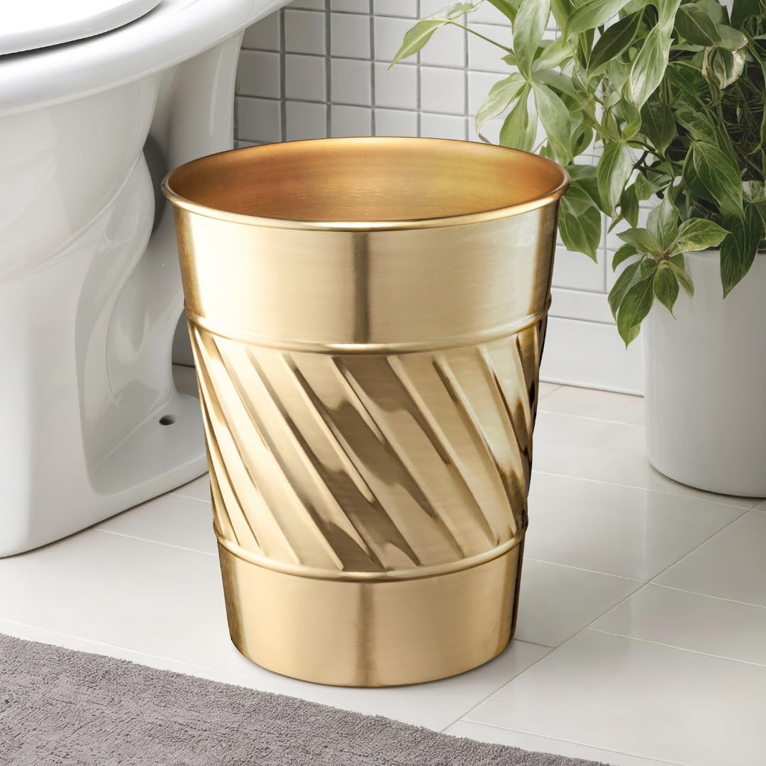 Monarch Abode Brushed Gold Handcrafted Wave Embossed Metal Wastebasket for Home Office, Decorative