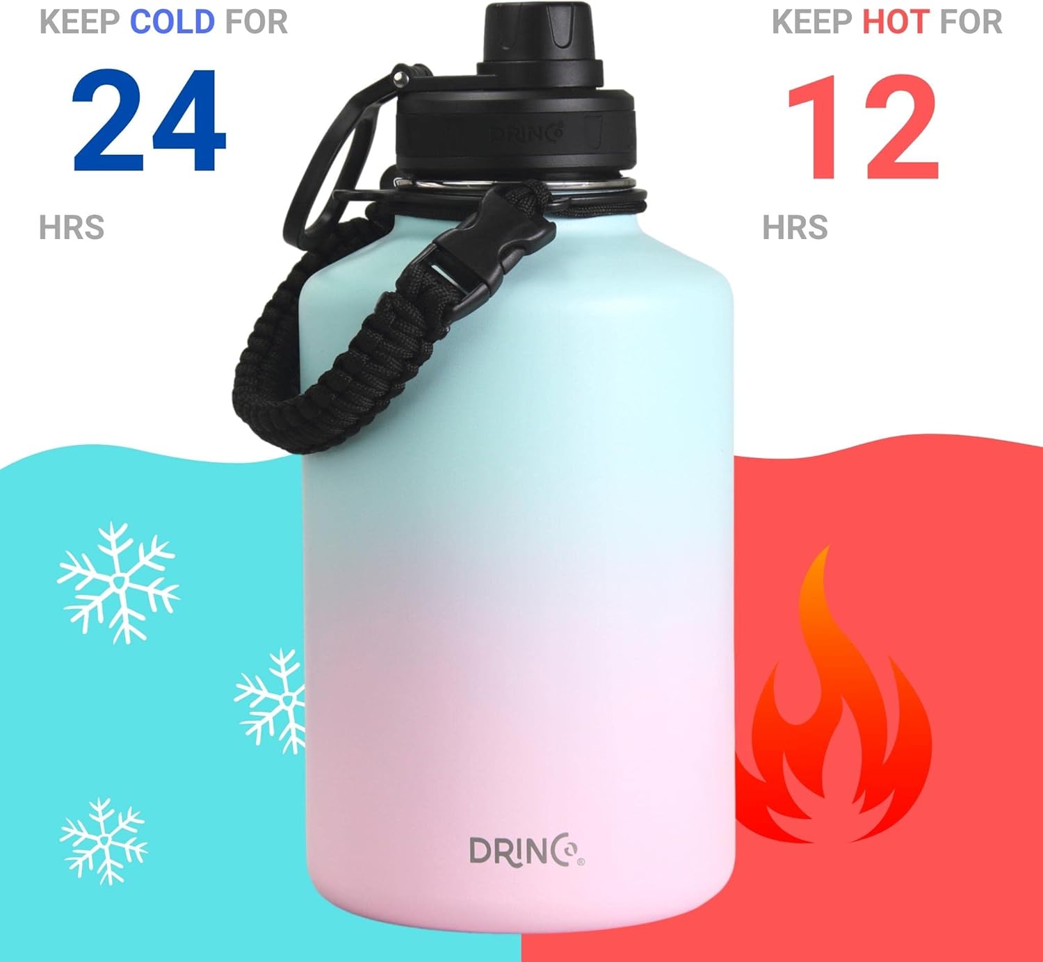 DRINCO Stainless Steel Water Bottle Spout Lid Vacuum Insulated Double Wall Water Bottle Wide Mouth