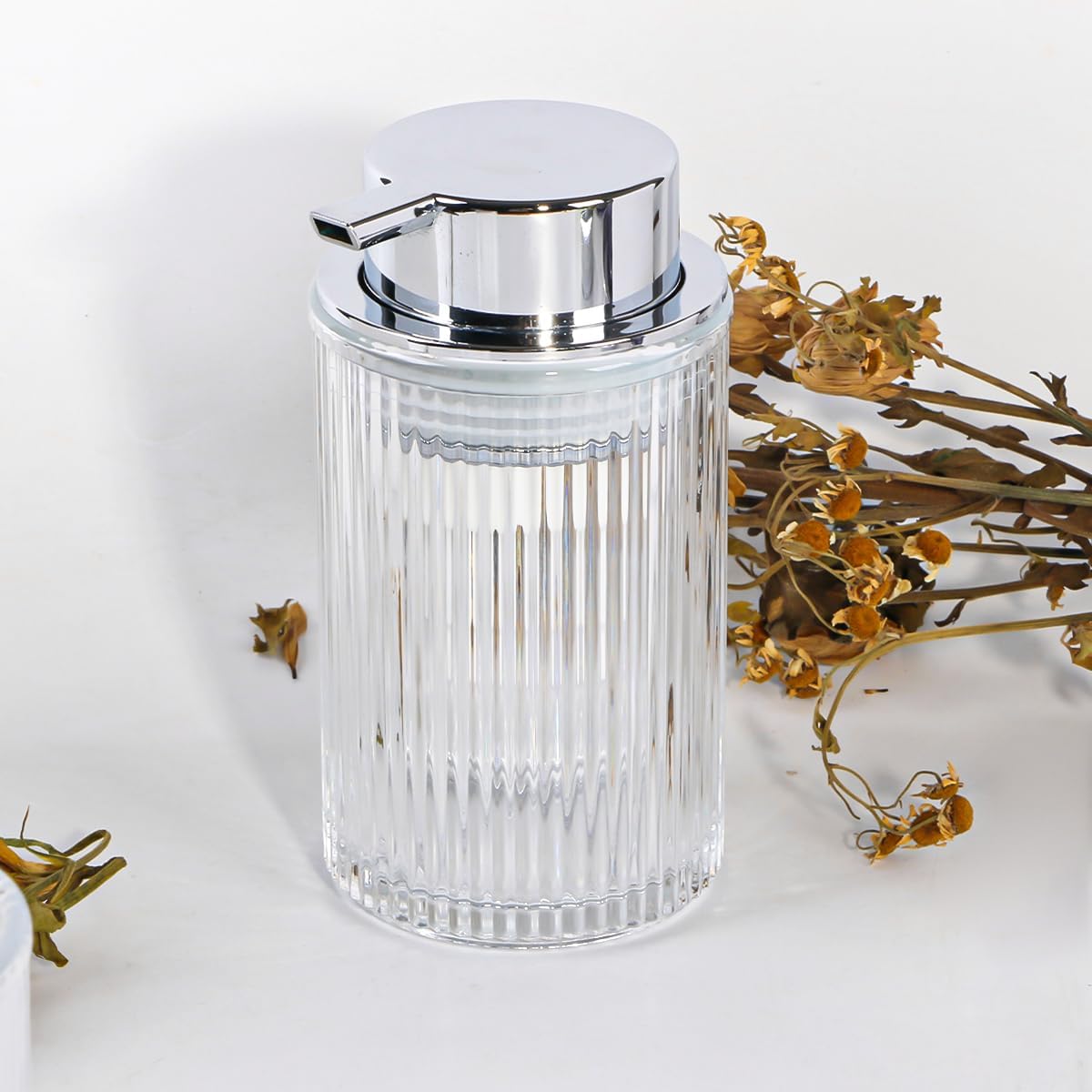 Clear Foaming Soap Dispenser, 12 Oz Glass Foaming Hand Soap Dispenser with Silver Pump, Bathroom