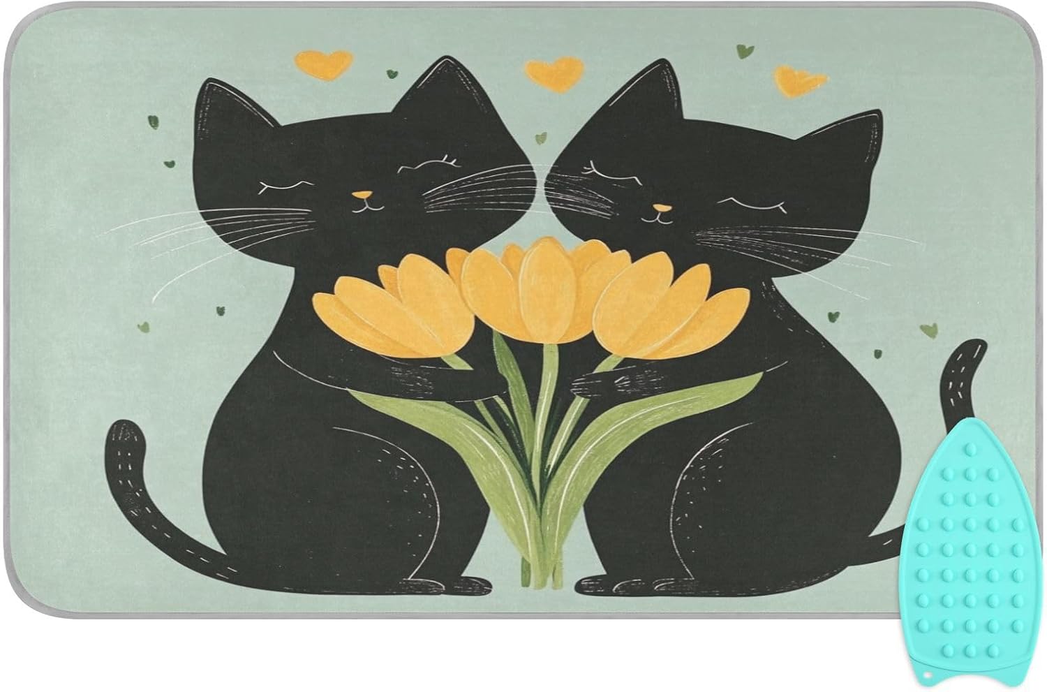 Black Cats Tulips Green Ironing Mat Thickened Ironing Blanket Travel Portable Double-Side Using