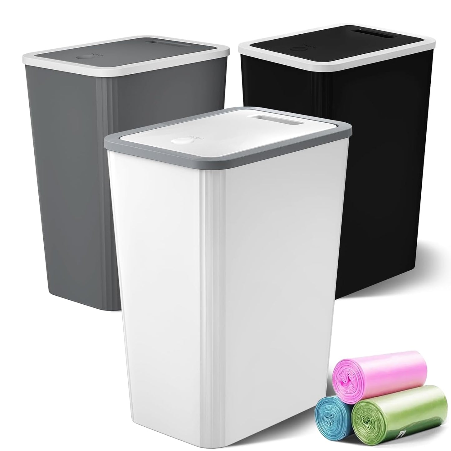 Small Trash Can, 3 Pack 4 Gallons Bathroom Garbage Can with Lid Press-Top, Small Waste Basket with