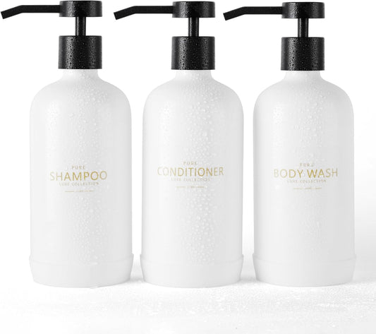 Shampoo and Conditioner Dispenser Set of 3,Refillable 21oz Shampoo Bottles with Non-Slip Protective
