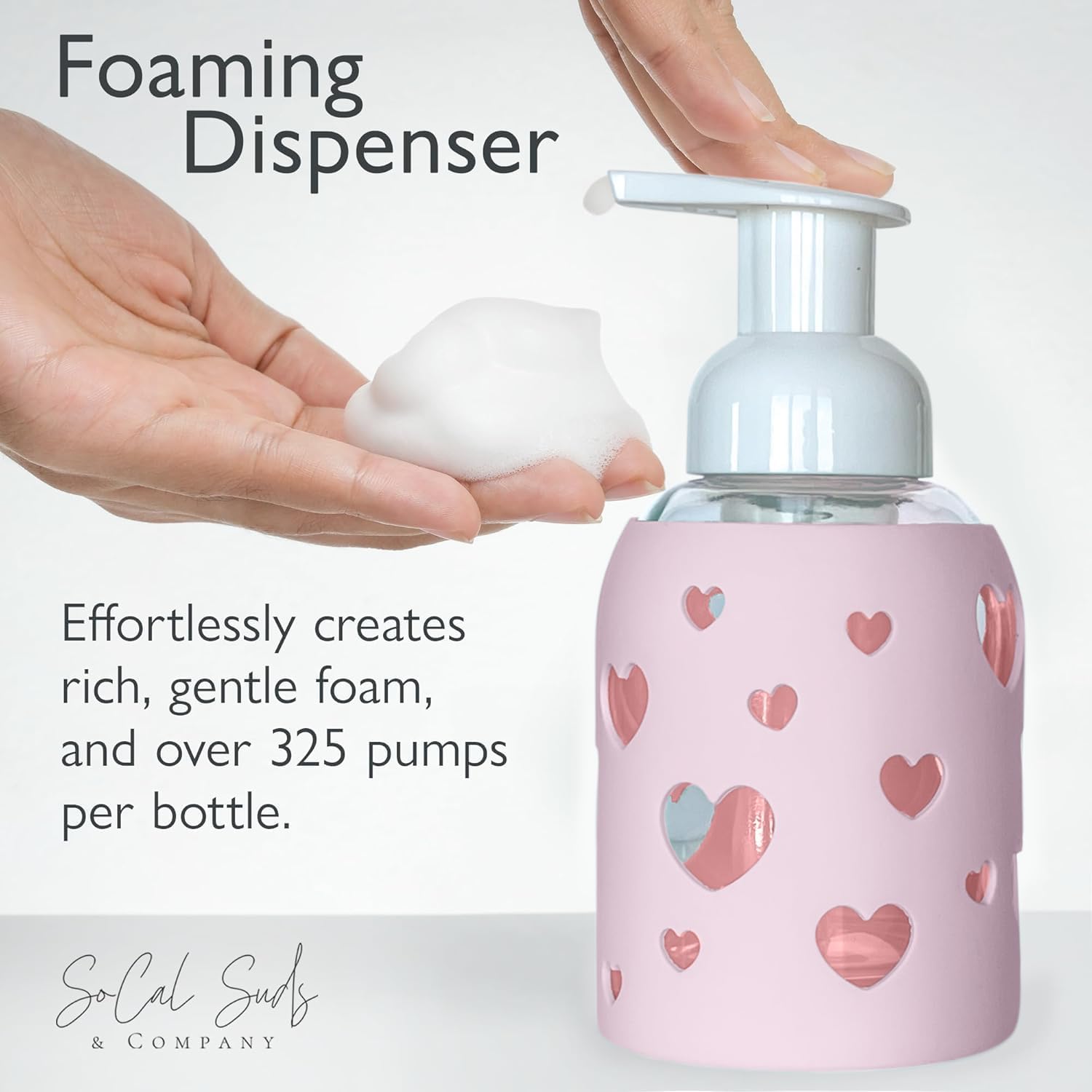 SoCal Suds & Company Glass Foaming Hand Soap Dispenser, Heart Silicone Sleeve, Refillable Pump