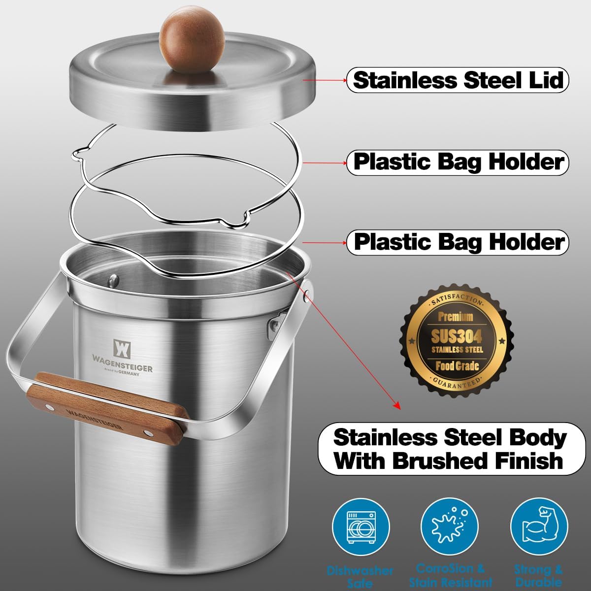 Kitchen Countertop Compost Bin 101ounces / 3Liters with Airtight Lid, SUS304 Stainless Steel