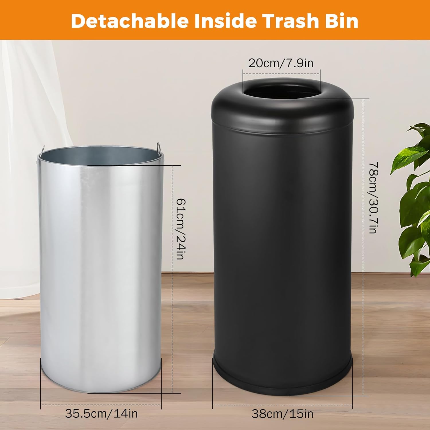 BEAMNOVA Commercial Trash Can 16.5 Gal Open Top Black Outdoor Indoor Garbage Enclosure Inner with