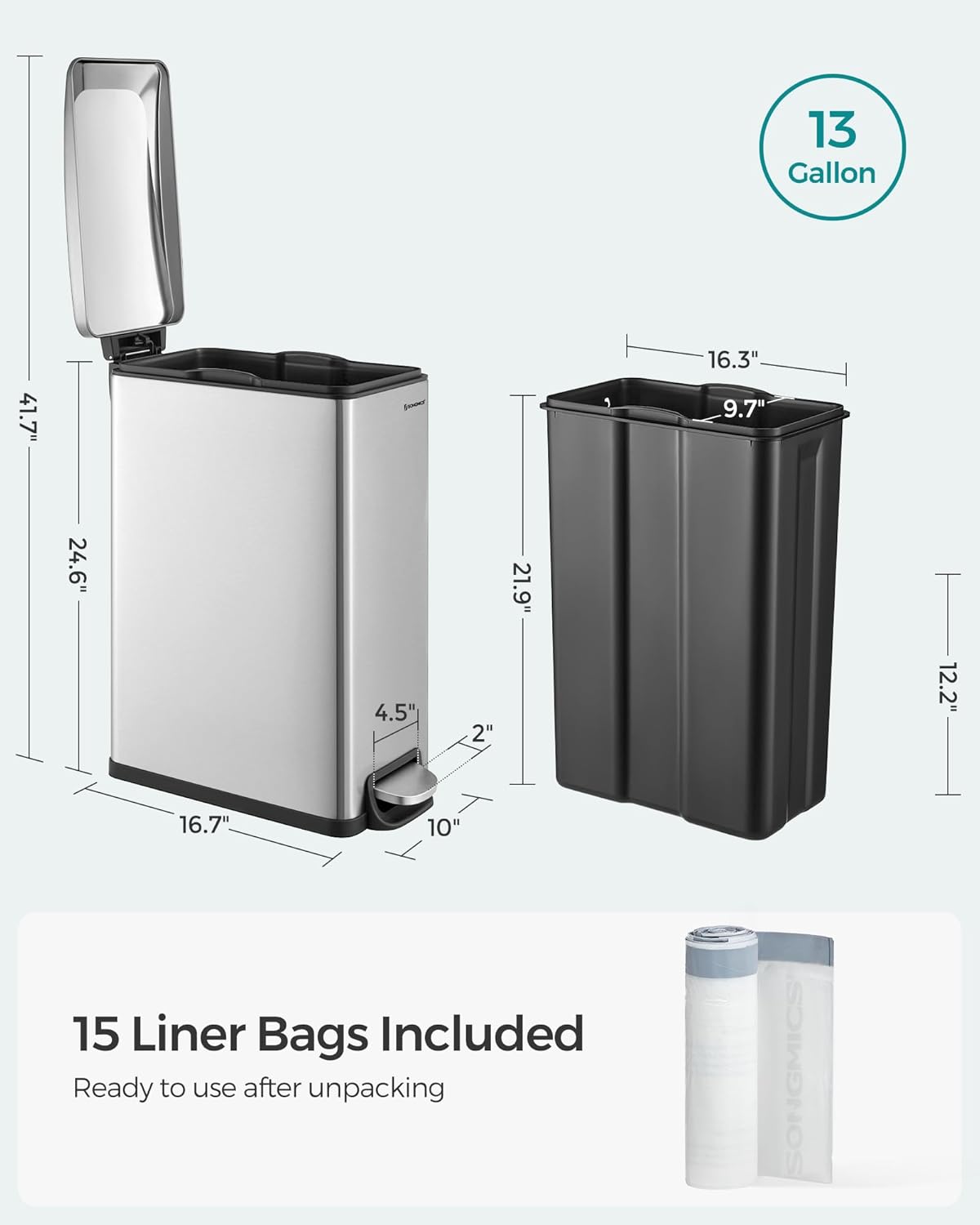SONGMICS Slim Trash Can, 13-Gallon (50 L) Garbage Can for Narrow Spaces with Soft-Close Lid, Inner
