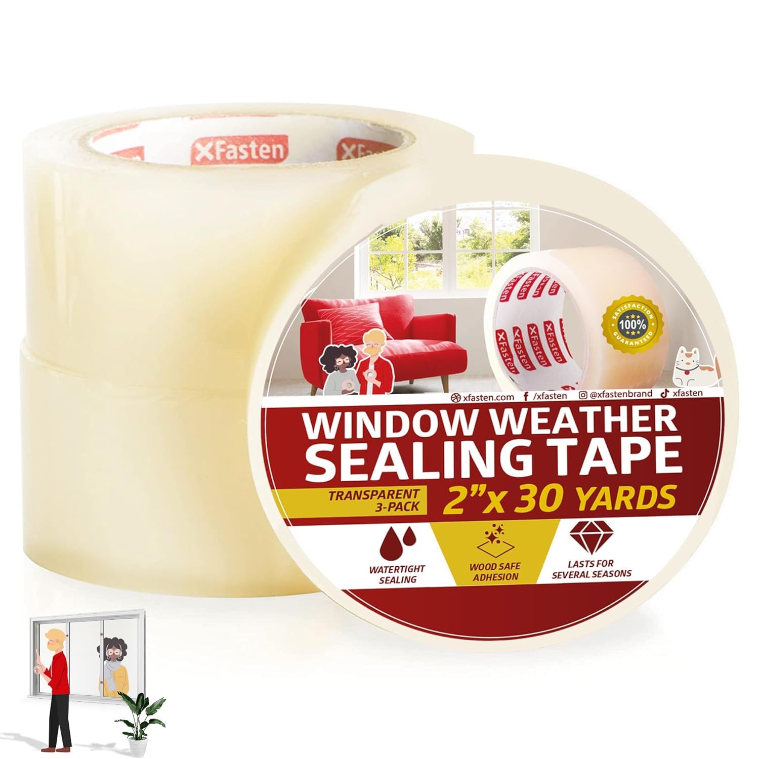 XFasten Transparent Window Weather Stripping Tape 2”x30yds (3-Pack Total 90yds), No Residue