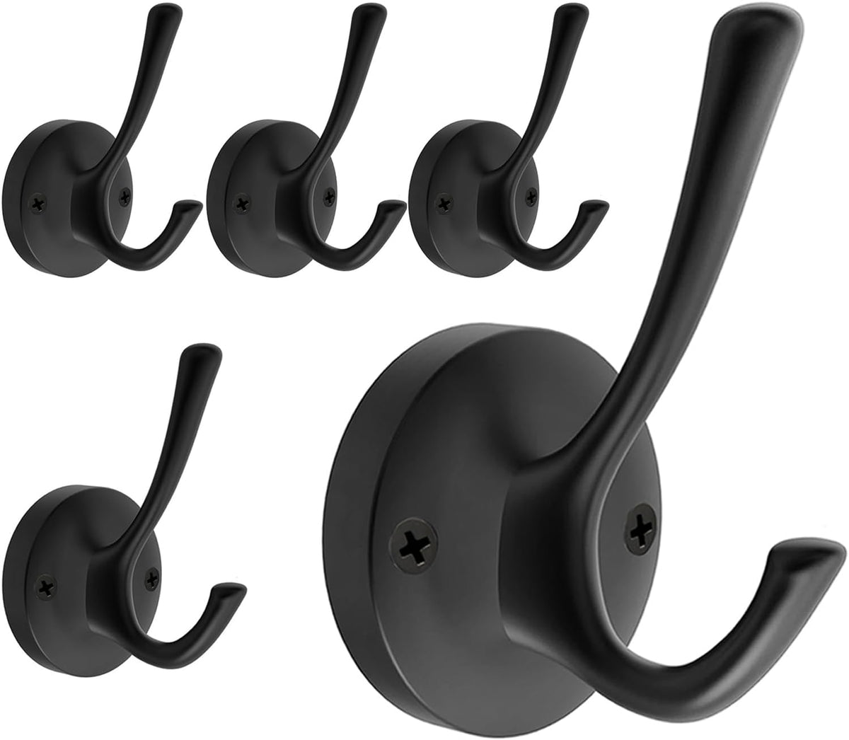 Black Towel Hooks for Wall, 5 Pack Coat Robe Hook Heavy Duty Metal Double Bath Hook Wall Mounted