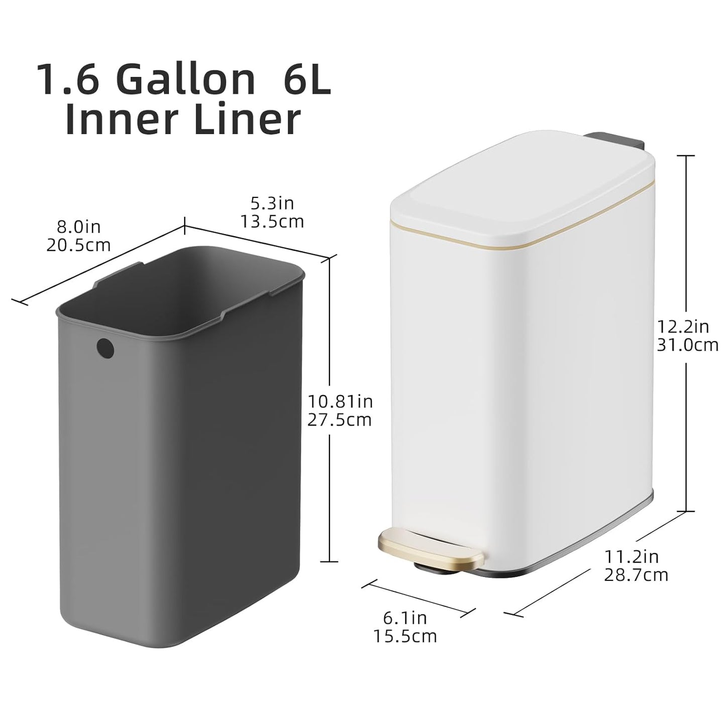 KUK Slim Bathroom Trash Can with Lid, 1.6 Gal / 6L Stainless Steel Small Garbage Bin with