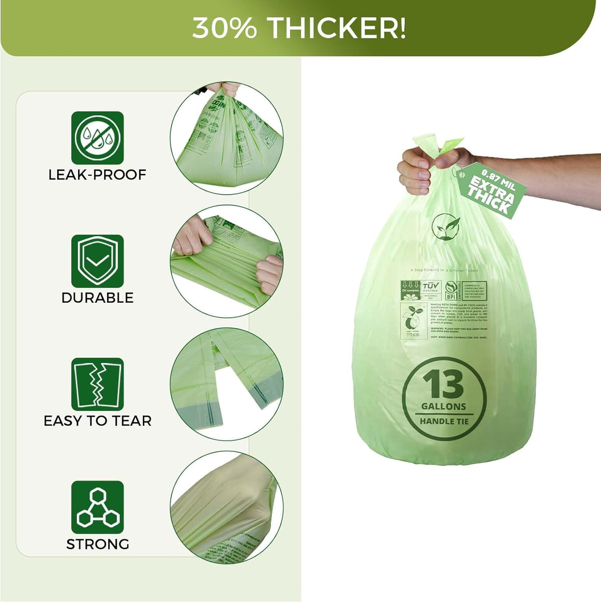 13 Gallon Compostable Trash Bags with Handle-Tie, Thick 0.87 Mil, 49.21 Liter, 30 Bags, Tall