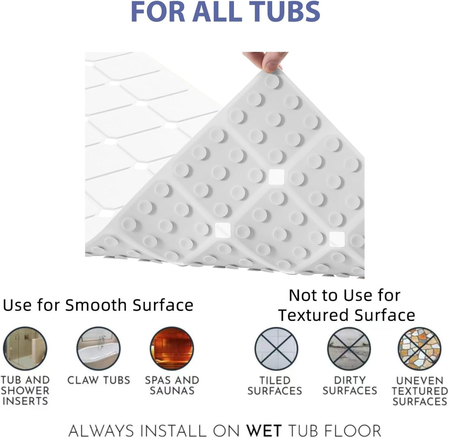 Bathtub Mat Non Slip Silicone Foldable Extra Long Tub Mat Strong Suction Cups & Large Drain Holes