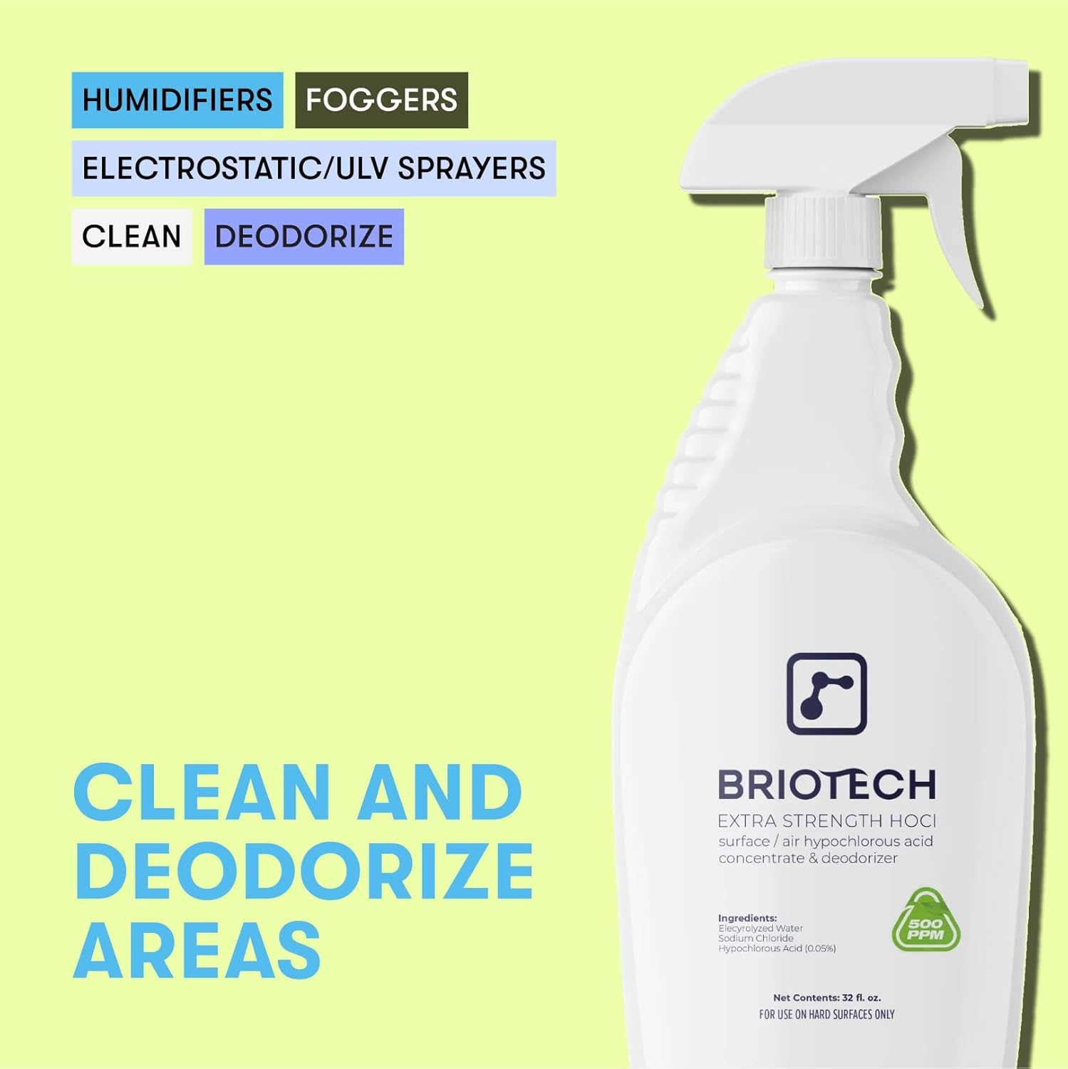 BRIOTECH Extra Strength HOCl Cleaner, 500 PPM Hypochlorous Acid Concentrate, ULV Foggers &