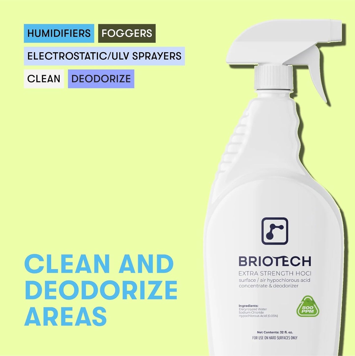 BRIOTECH Extra Strength HOCl Cleaner, 500 PPM Hypochlorous Acid Concentrate, ULV Foggers &