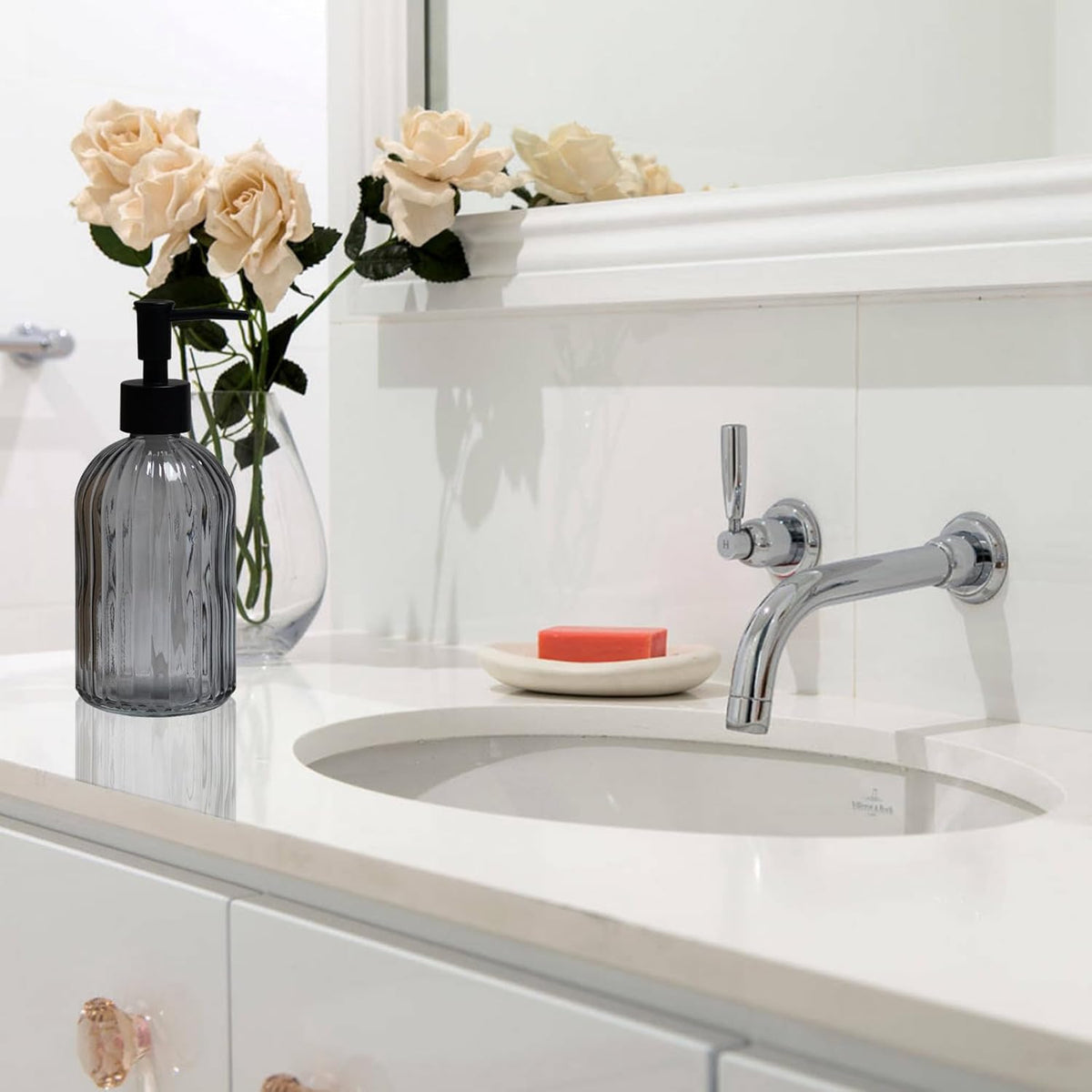 Grey Glass Soap Dispenser with Black Plastic Pump, 13.5oz Refillable Liquid Hand Soap Dispenser