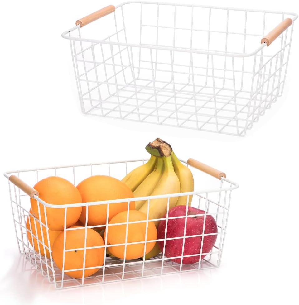 Metal Wire Food Storage Basket Organizer with Wooden Handles for Organizing Kitchen Cabinets, 2