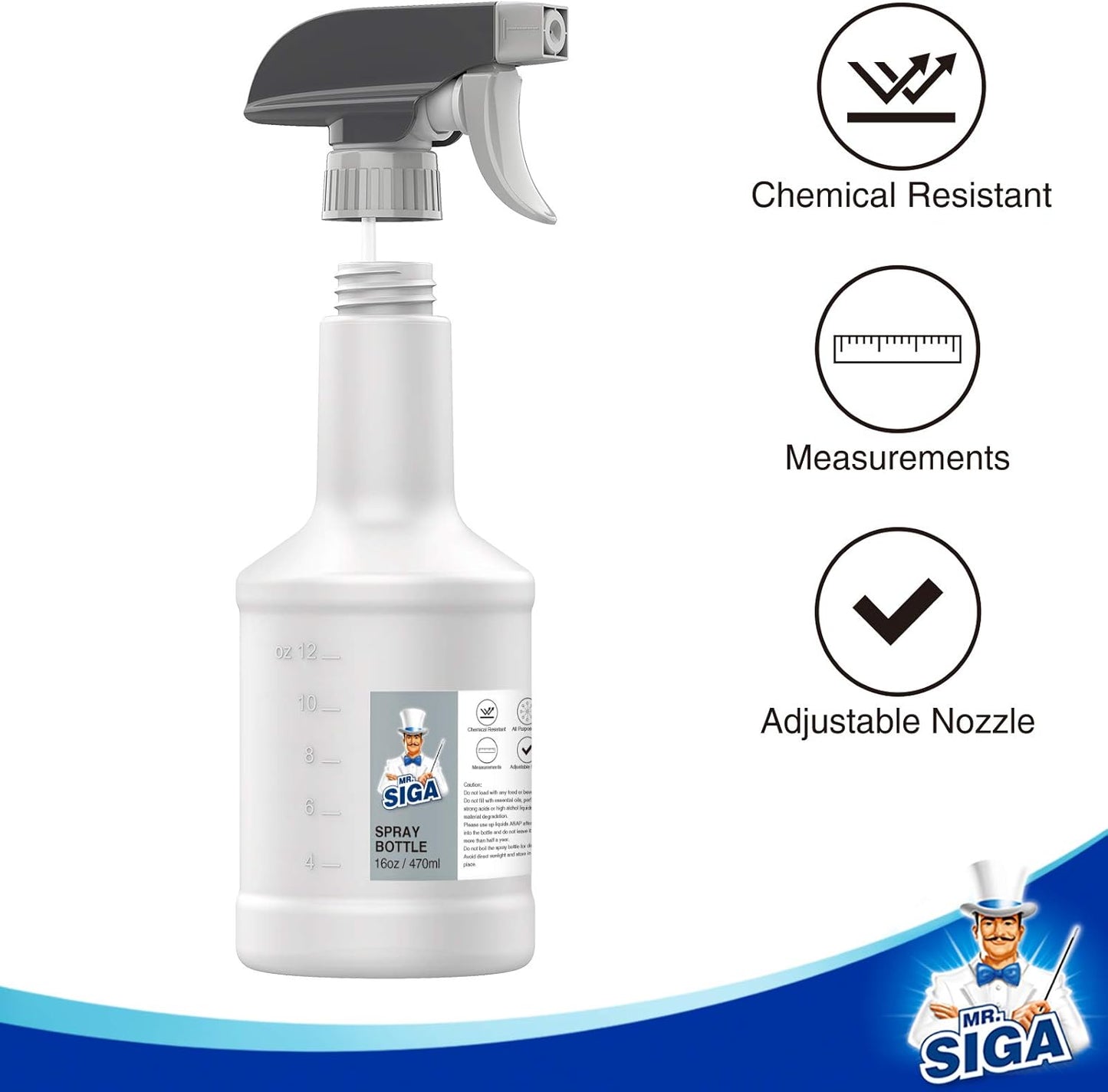 MR.SIGA 16 oz Empty Plastic Spray Bottles for Cleaning Solutions, Heavy Duty Household Reusable