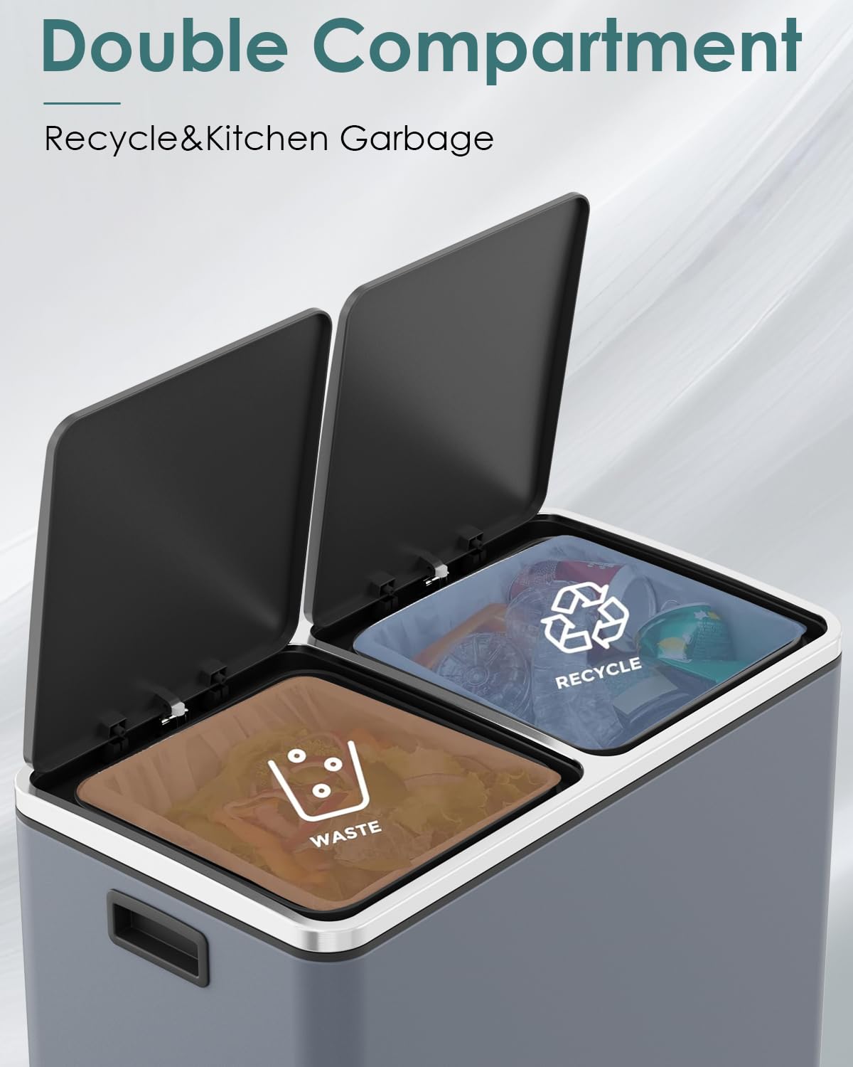 Arlopu 16 GallonStainless Steel Trash Can, 60L Dual Compartment, Metal Kitchen Step Recycle Bin
