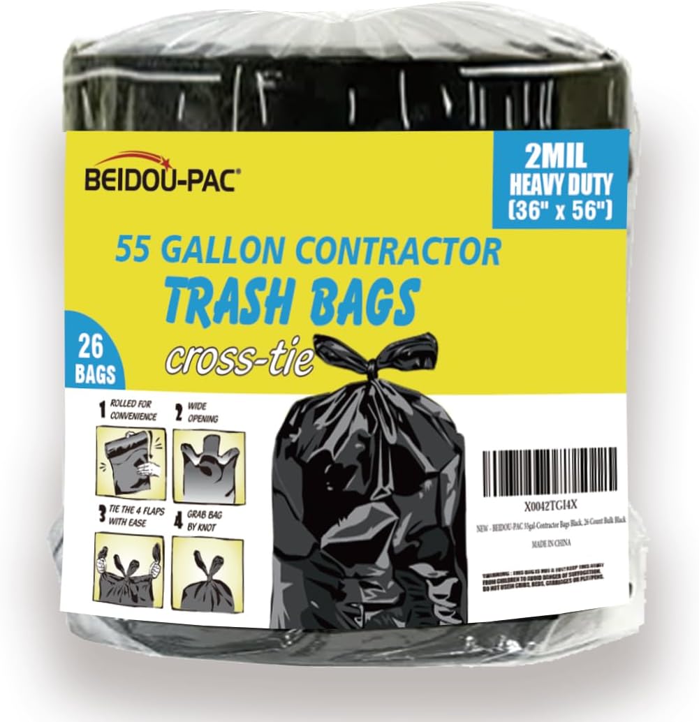 Contractor Heavy Duty Trash Bags 55 Gallon | 26 Count | 2 MIL | 36" X 56" | Large Black Flap Tie
