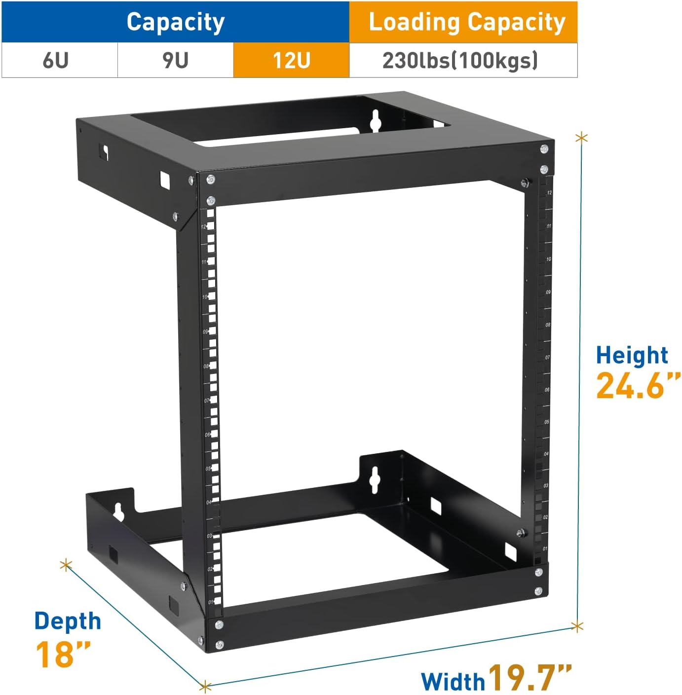 12U Wall Mount Rack Open Frame 19 Inch Server Equipment 2 Post Network Cabinet 18 inches Depth