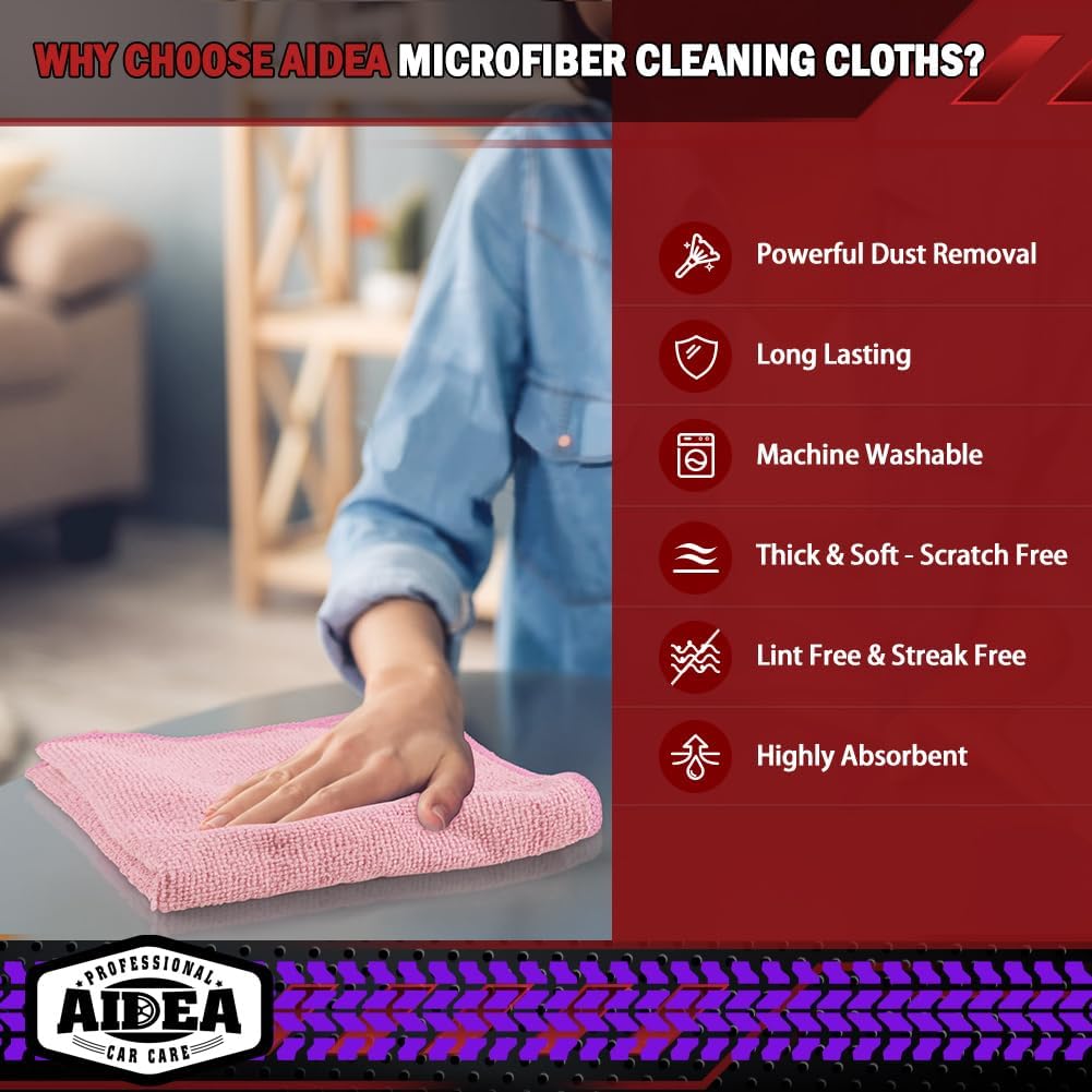 AIDEA Microfiber Cleaning Cloth Pink 20PK, Microfiber Towels for Cars, Premium Car Cloths, Dusting