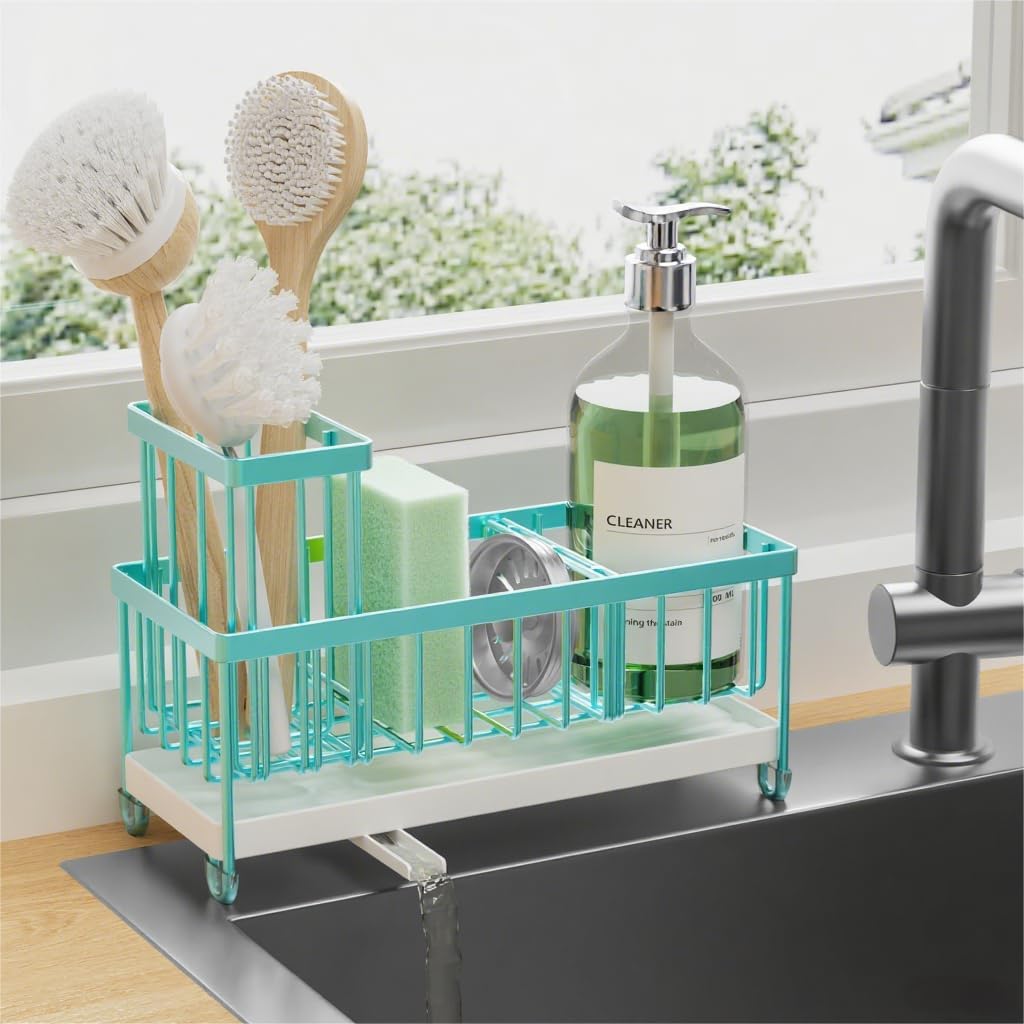 Cisily Turquoise Sponge Holder for Kitchen Sink, Sink Caddy Organizer with High Brush Holder