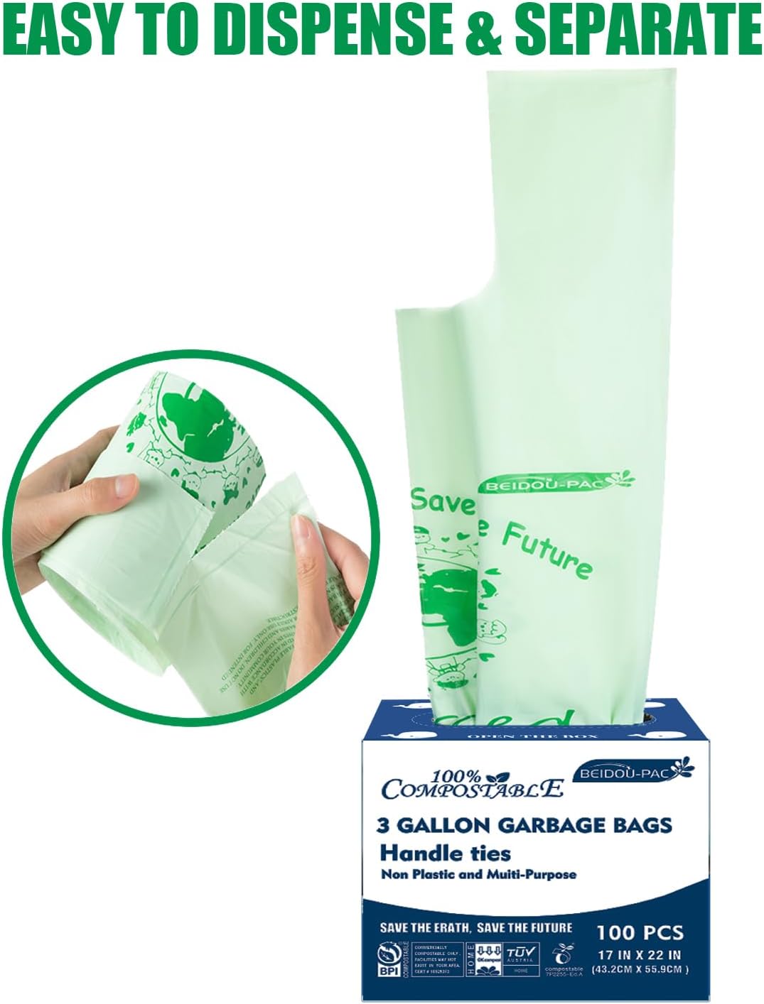 100% Compostable Trash Bags, 3 Gallon Compost Bags Small Kitchen Trash Bags with Handle, 100 Count