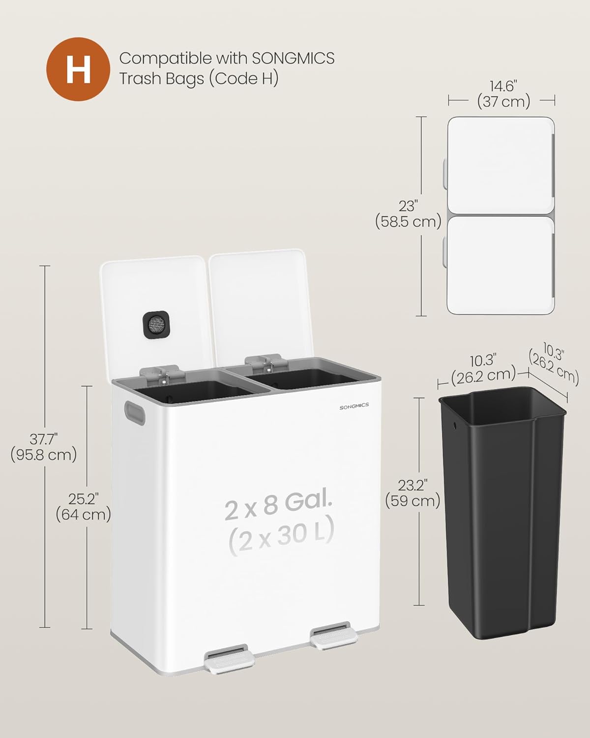 SONGMICS Trash Can, 2 x 8 Gallon (2 x 30 L) Double Garbage Can with Soft-Close Lids, Removable