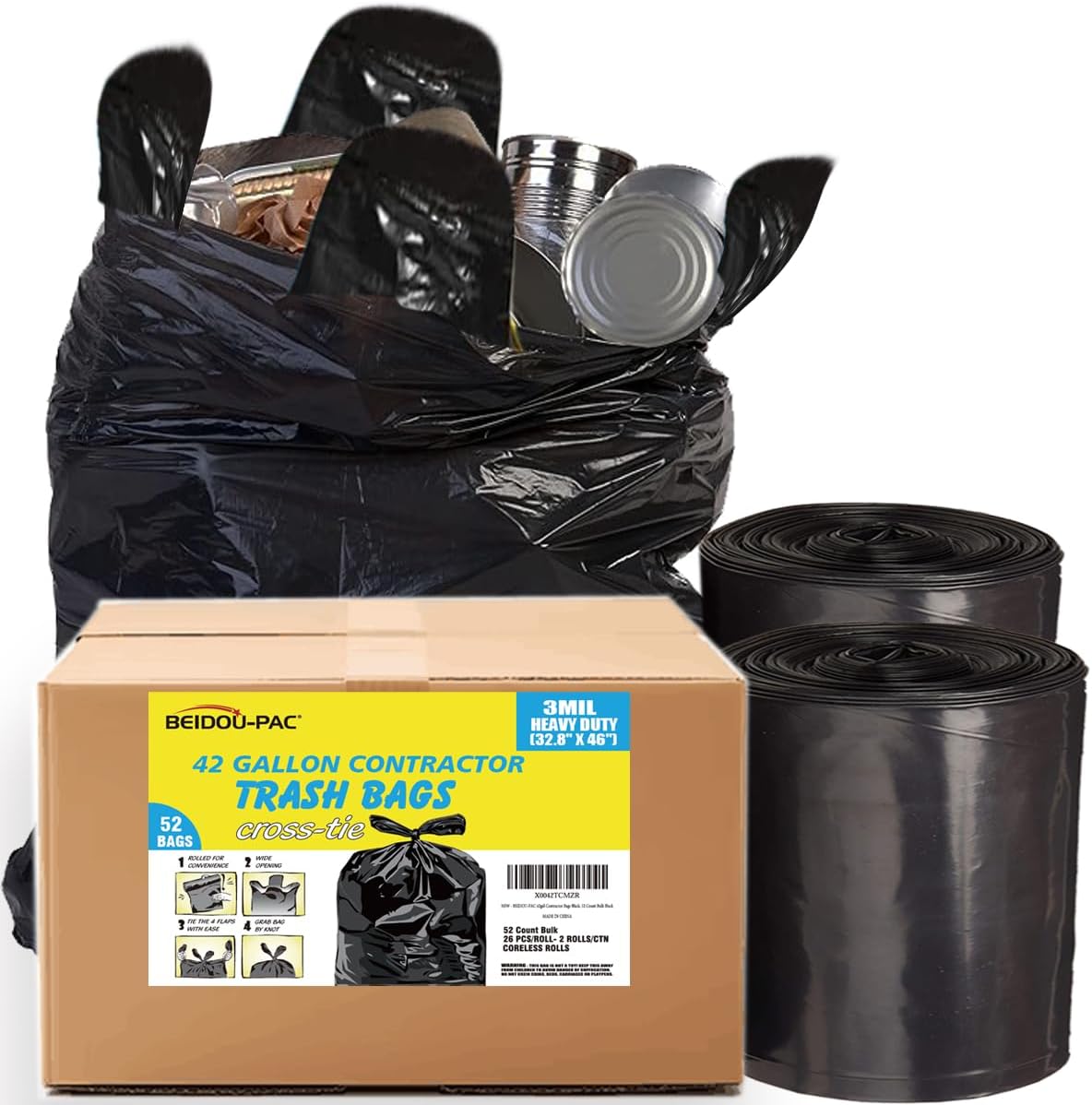 Contractor Heavy Duty Trash Bags 42 Gallon | 52 Count | 3 MIL | 32.8" X 46" | Large Black Flap Tie