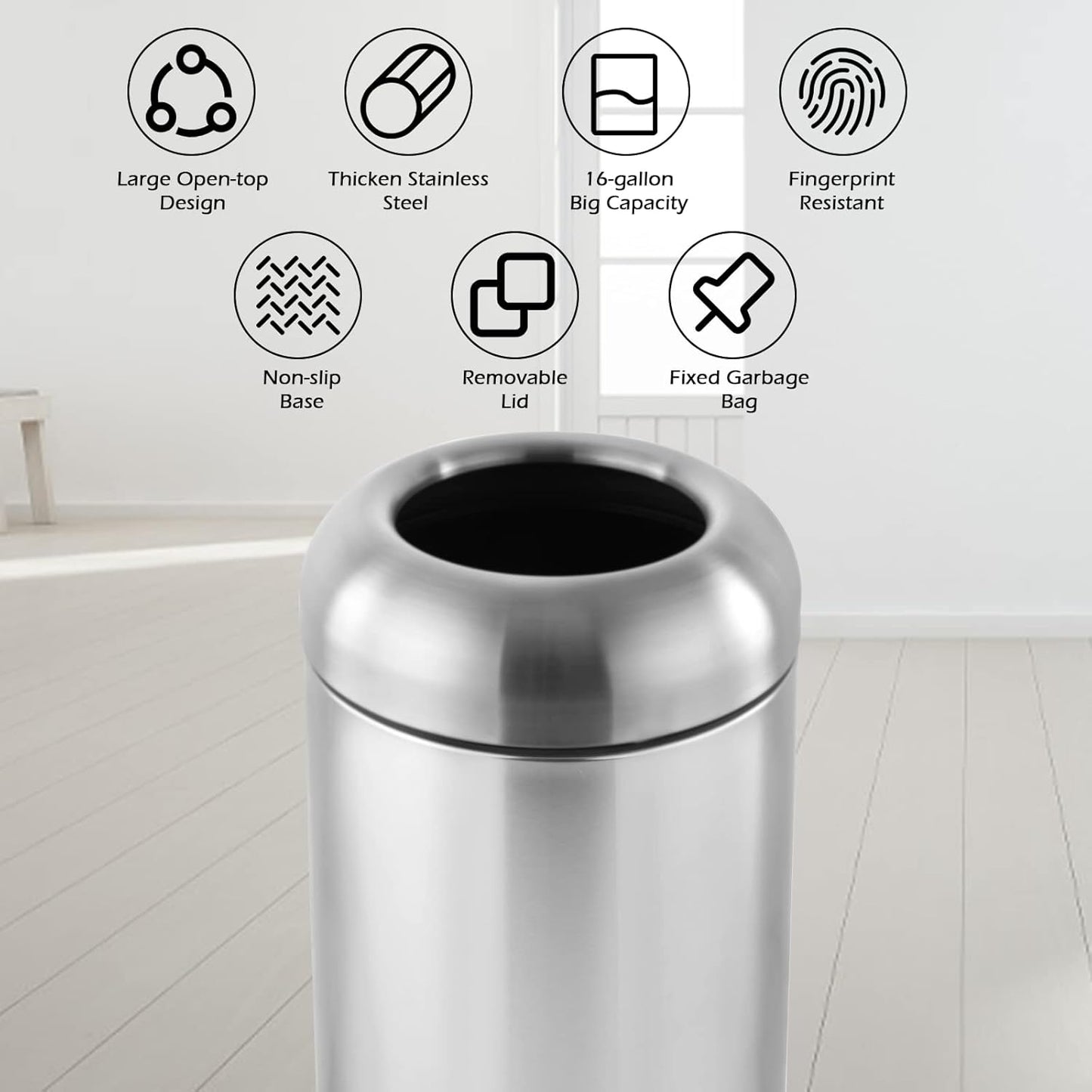 Dyna-Living Large Trash Can Outdoor Stainless Steel Garbage Can with Lid Open Top Tall Trash Bin