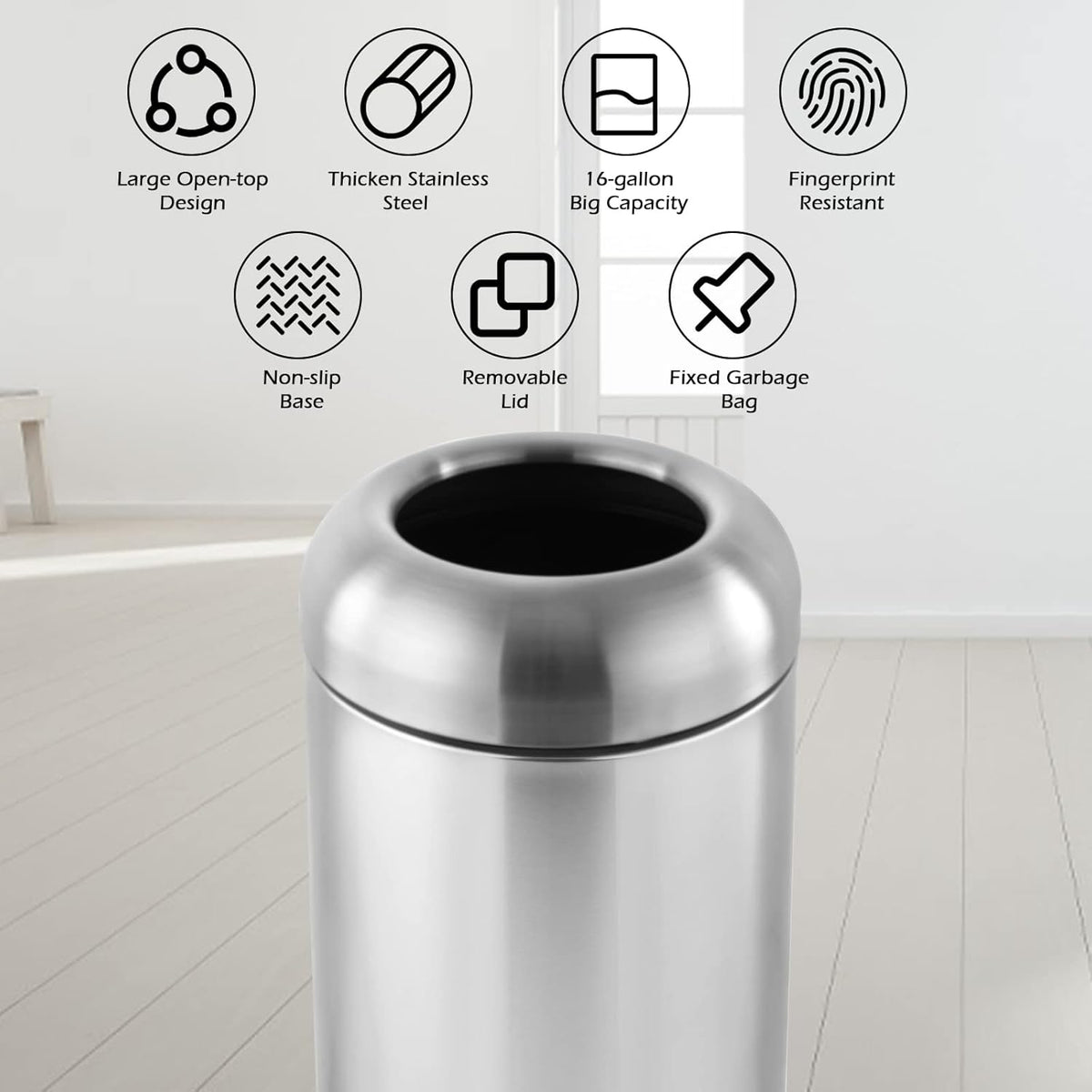 Dyna-Living Large Trash Can Outdoor Stainless Steel Garbage Can with Lid Open Top Tall Trash Bin