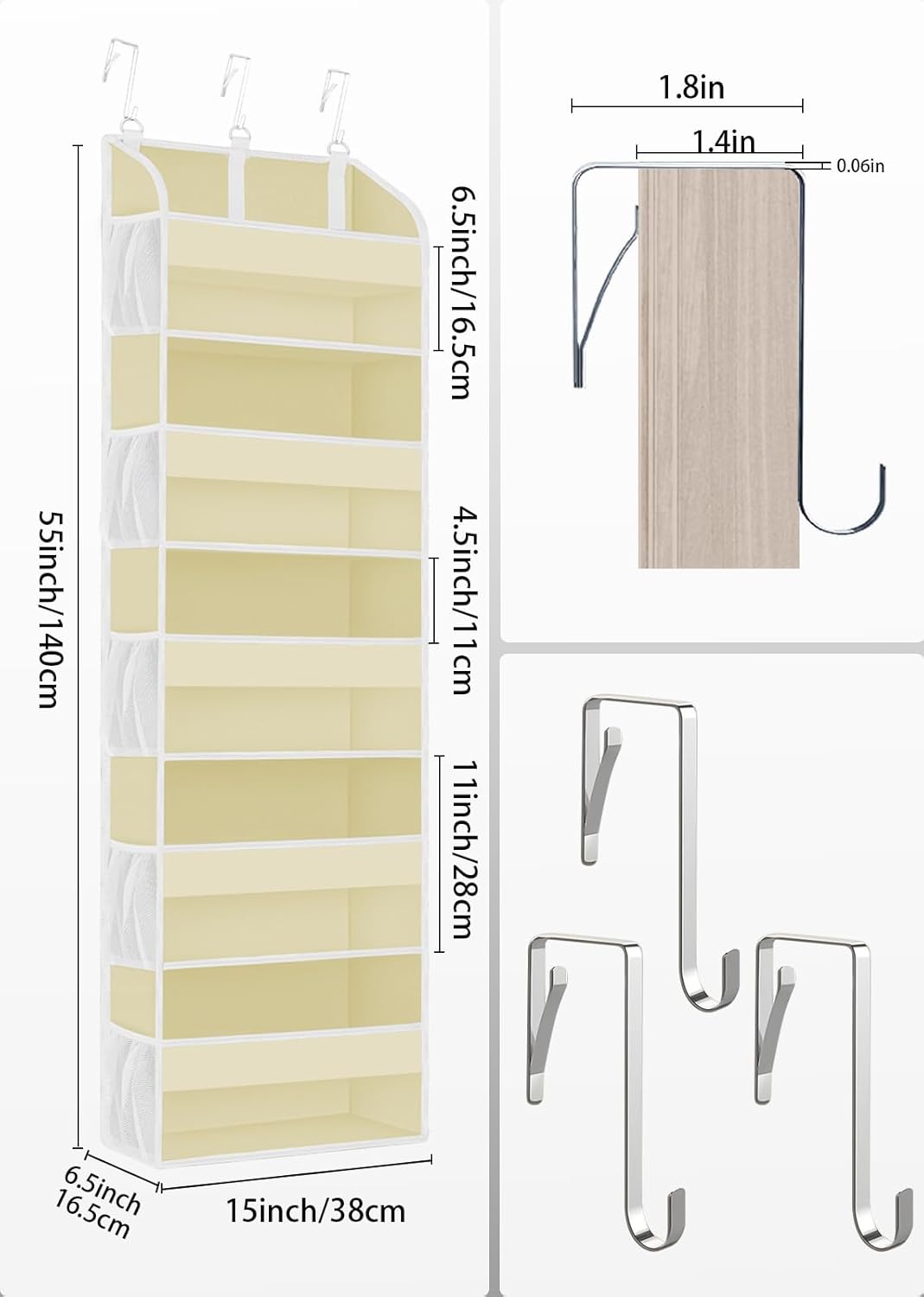 2 Pack Over The Door Storage Organizer with 5 Pockets 10 Mesh Pockets, 44 lbs Weight Capacity Door