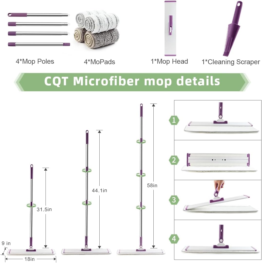 CQT Commercial Flat Microfiber Floor Mop Cleaning System 18" Inch Wet Dry and Dust Hardwood with 4