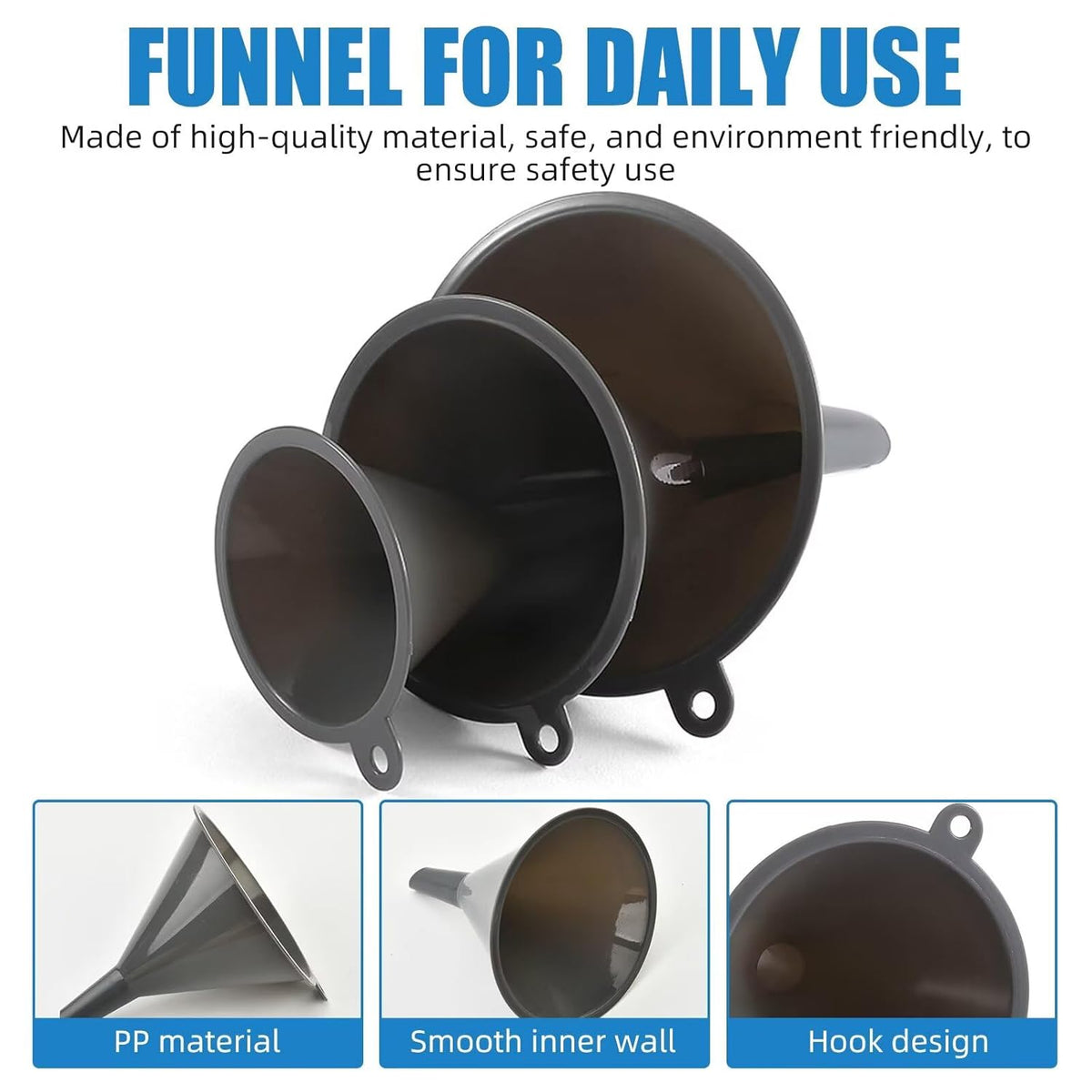 Plastic Kitchen Funnel Set of 3, Round Kitchen Funnels for Filling Bottles, Durable and