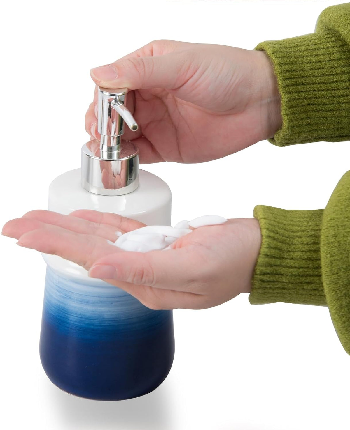 Navy Blue Ceramic Soap Dispenser for Kitchen, Refillable Hand Dispenser with Rust Proof Stainless