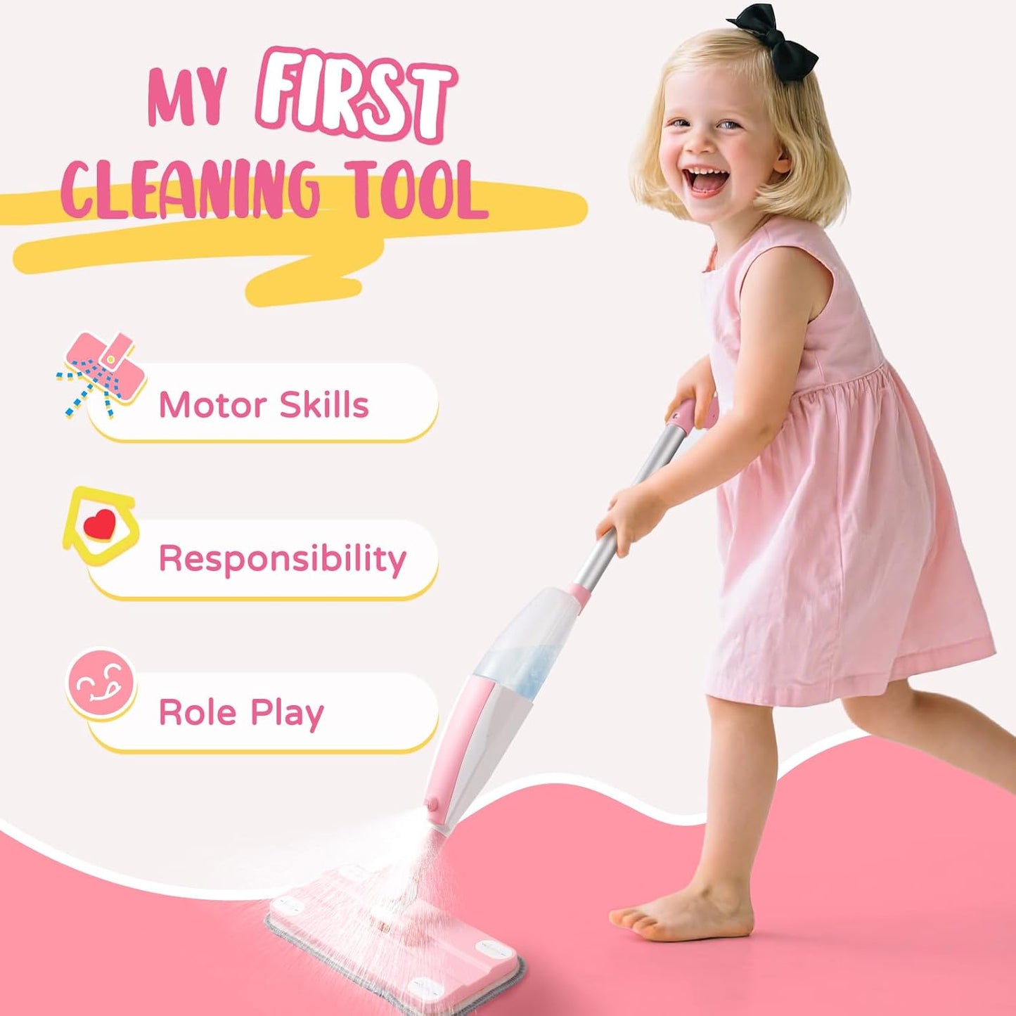 Pink Mini Spray Mop for Toddler-Girls Montessori Cleaning Toy That Real Spray Water,Pretend