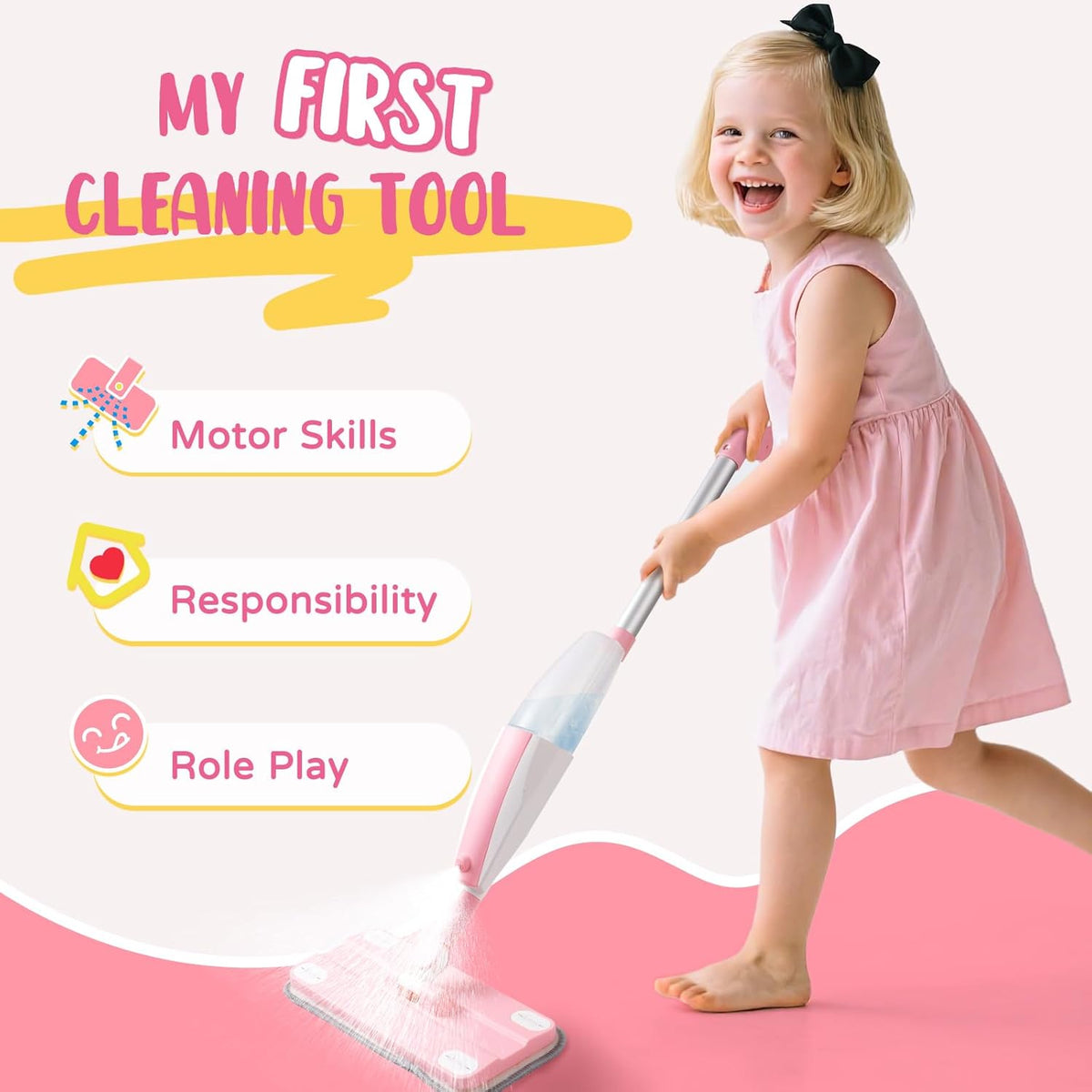 Pink Mini Spray Mop for Toddler-Girls Montessori Cleaning Toy That Real Spray Water,Pretend