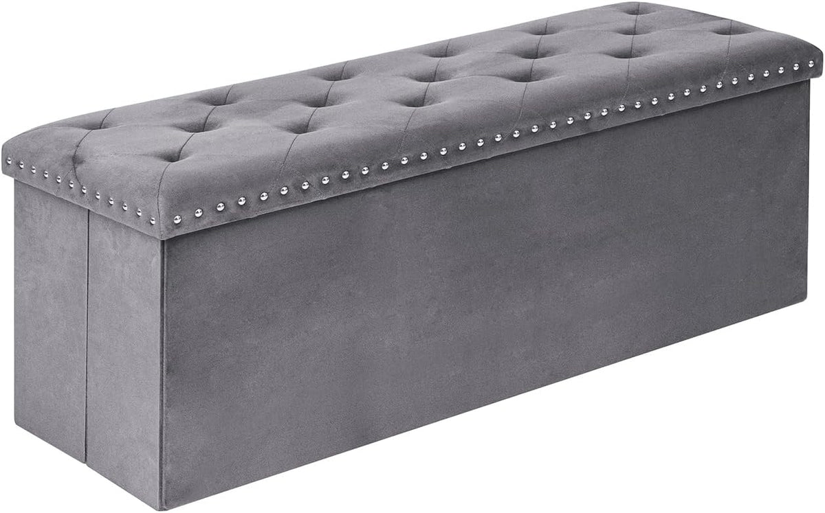 Velvet Storage Ottoman Bench, 43.3" Folding Ottoman with Rivet Trim, Heavy-Duty Upholstered