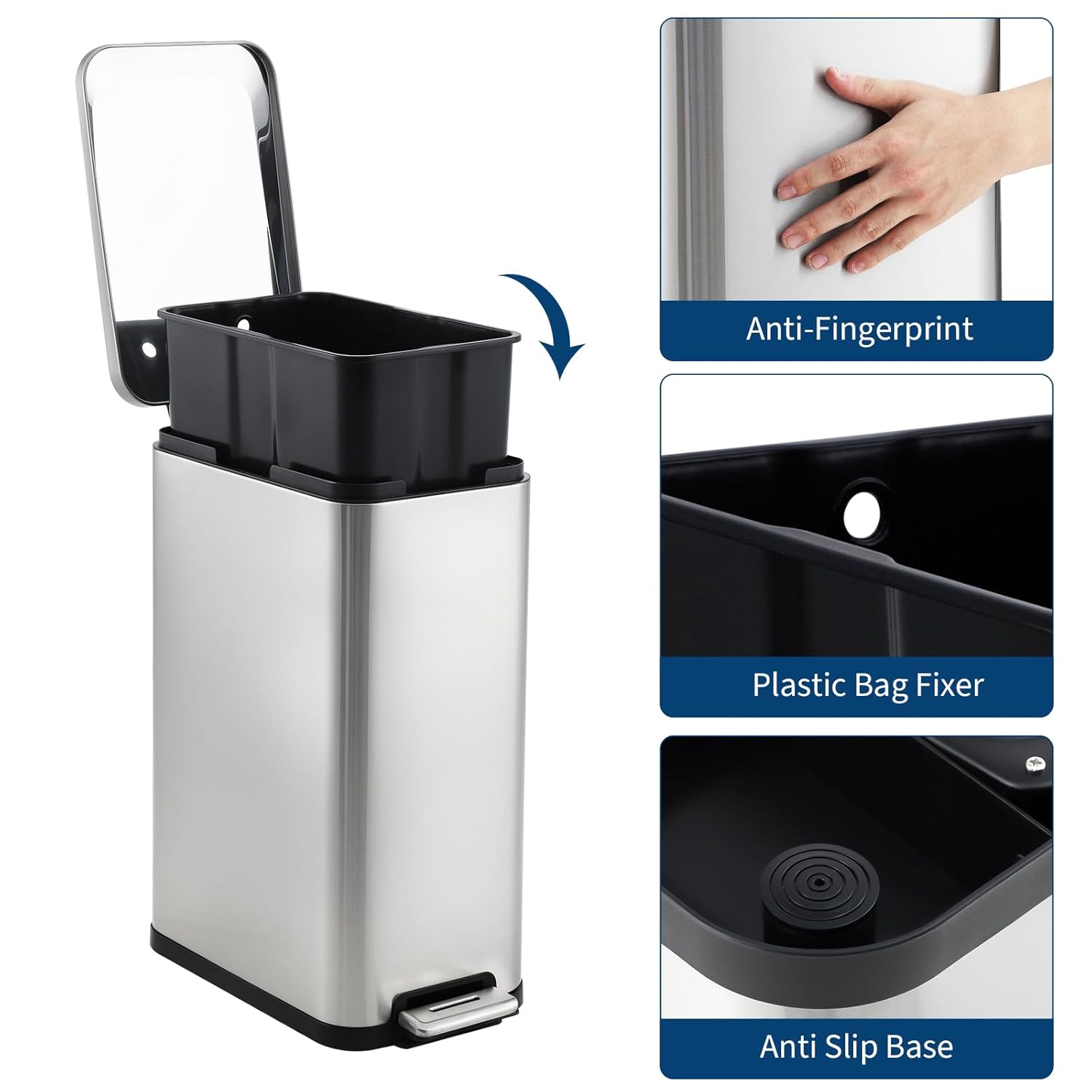 Garvee 13 Gallon Kitchen Trash Can, Stainless Steel Step Garbage Bin with Soft-Close Lid &