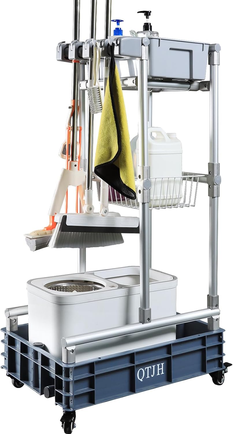 Rolling Cleaning Cart with Mop & Broom Organizer ， Convenient Storage Cart for Janitorial Supplies