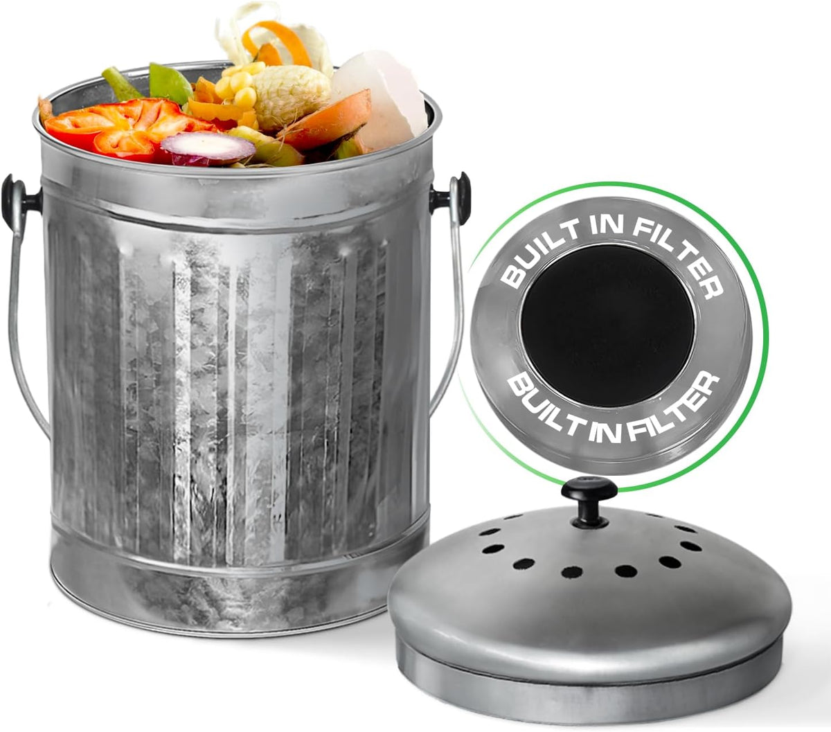 Plexon Countertop Compost Bin Kitchen Indoor, with Lid, Silver 1.5 Gallon Odorless Kitchen Compost